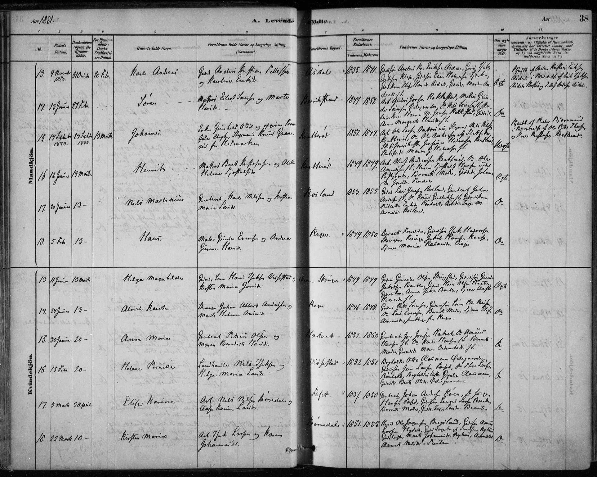 Bamble kirkebøker, AV/SAKO-A-253/F/Fa/L0007: Parish register (official) no. I 7, 1878-1888, p. 38