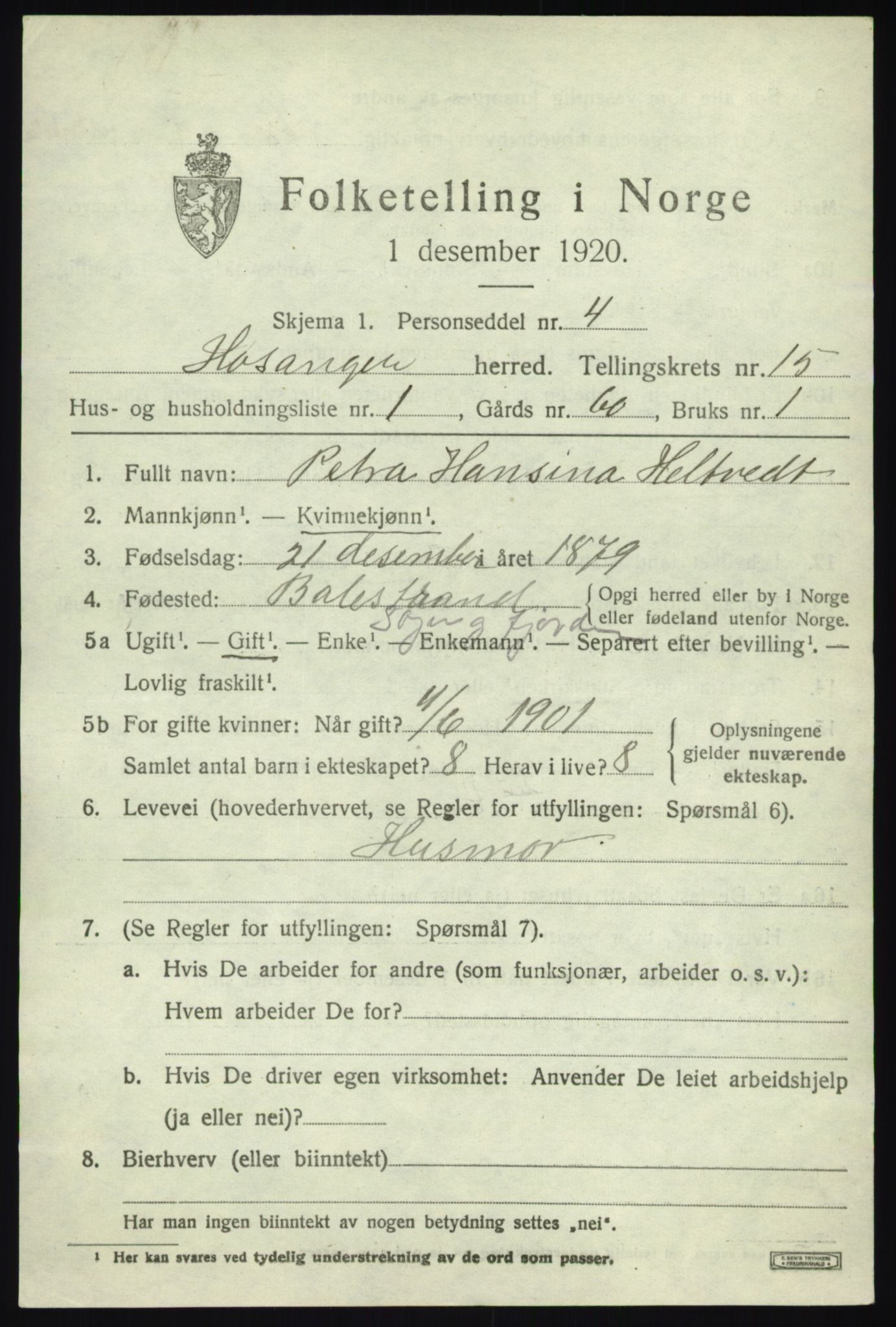 SAB, 1920 census for Hosanger, 1920, p. 5849