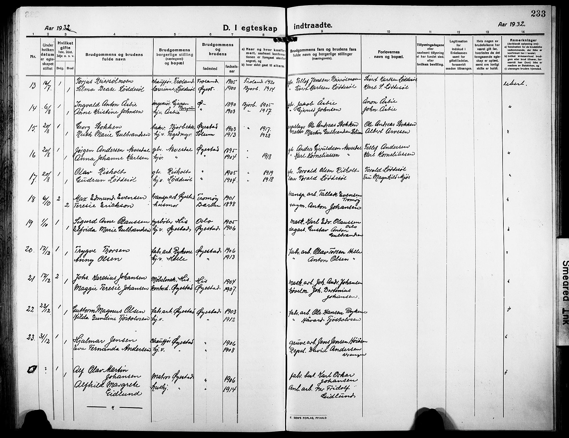 Øyestad sokneprestkontor, AV/SAK-1111-0049/F/Fb/L0012: Parish register (copy) no. B 12, 1919-1932, p. 233