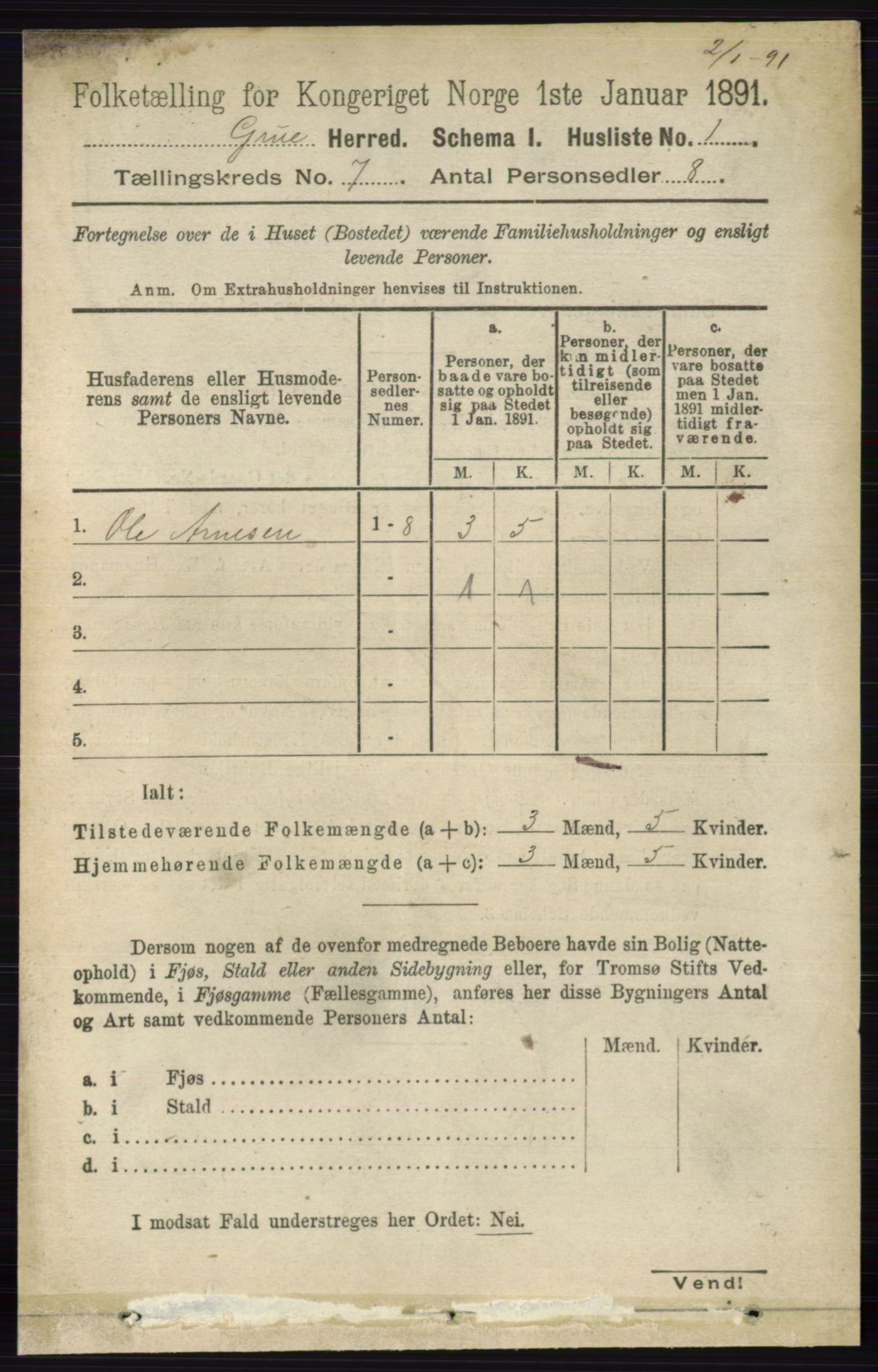 RA, 1891 census for 0423 Grue, 1891, p. 3449