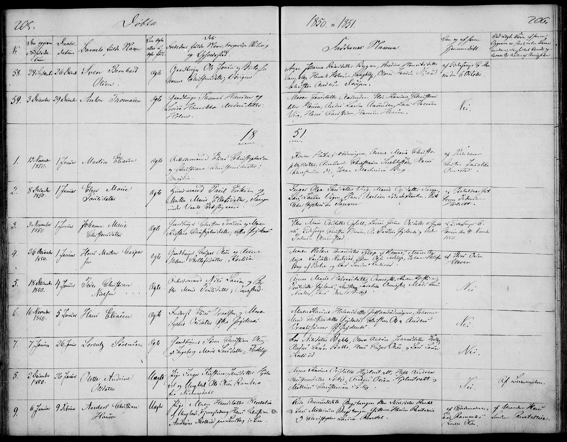 Våle kirkebøker, AV/SAKO-A-334/F/Fa/L0009a: Parish register (official) no. I 9A, 1839-1860, p. 205-206