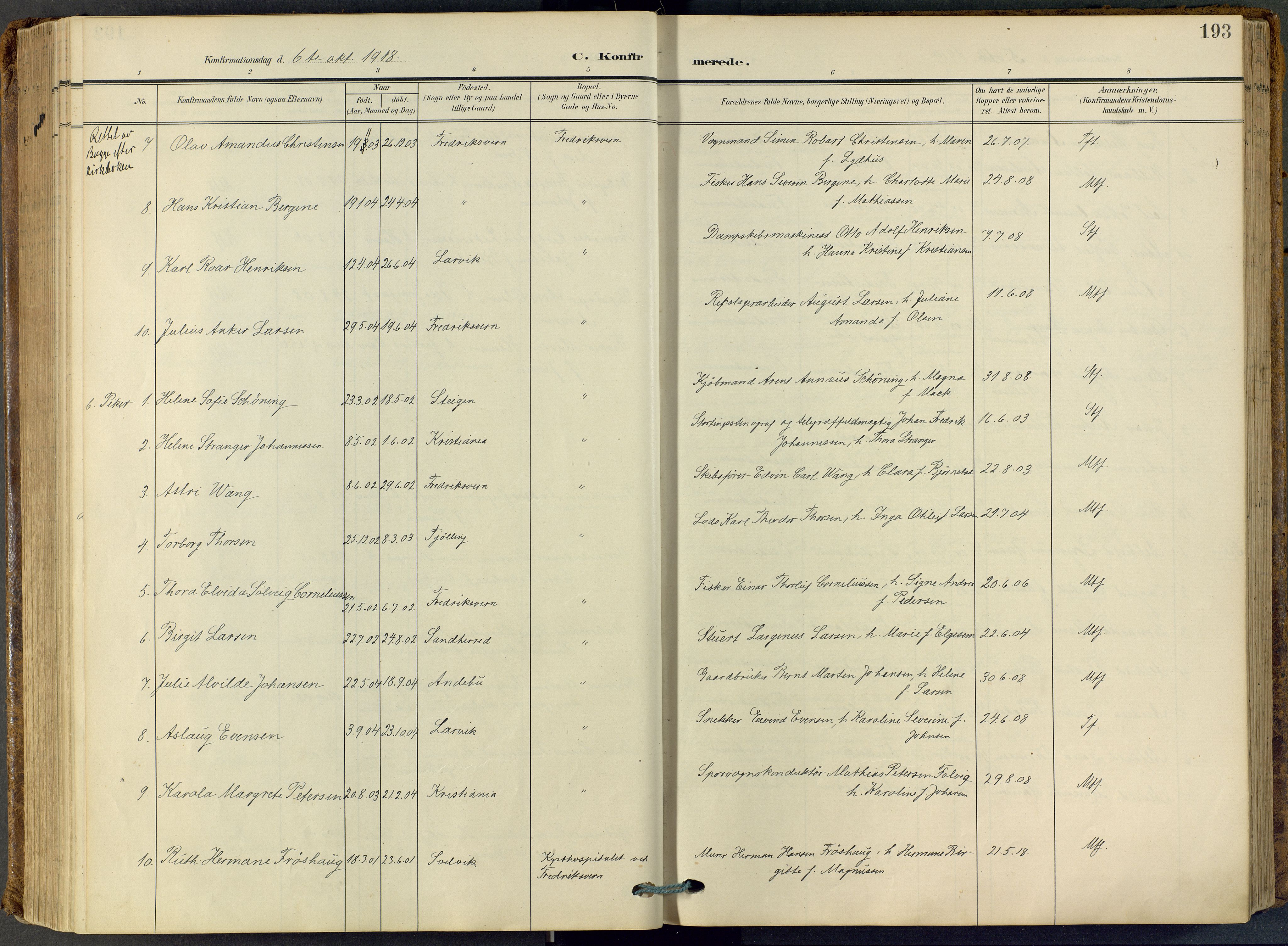 Stavern kirkebøker, SAKO/A-318/F/Fa/L0009: Parish register (official) no. 9, 1906-1955, p. 193