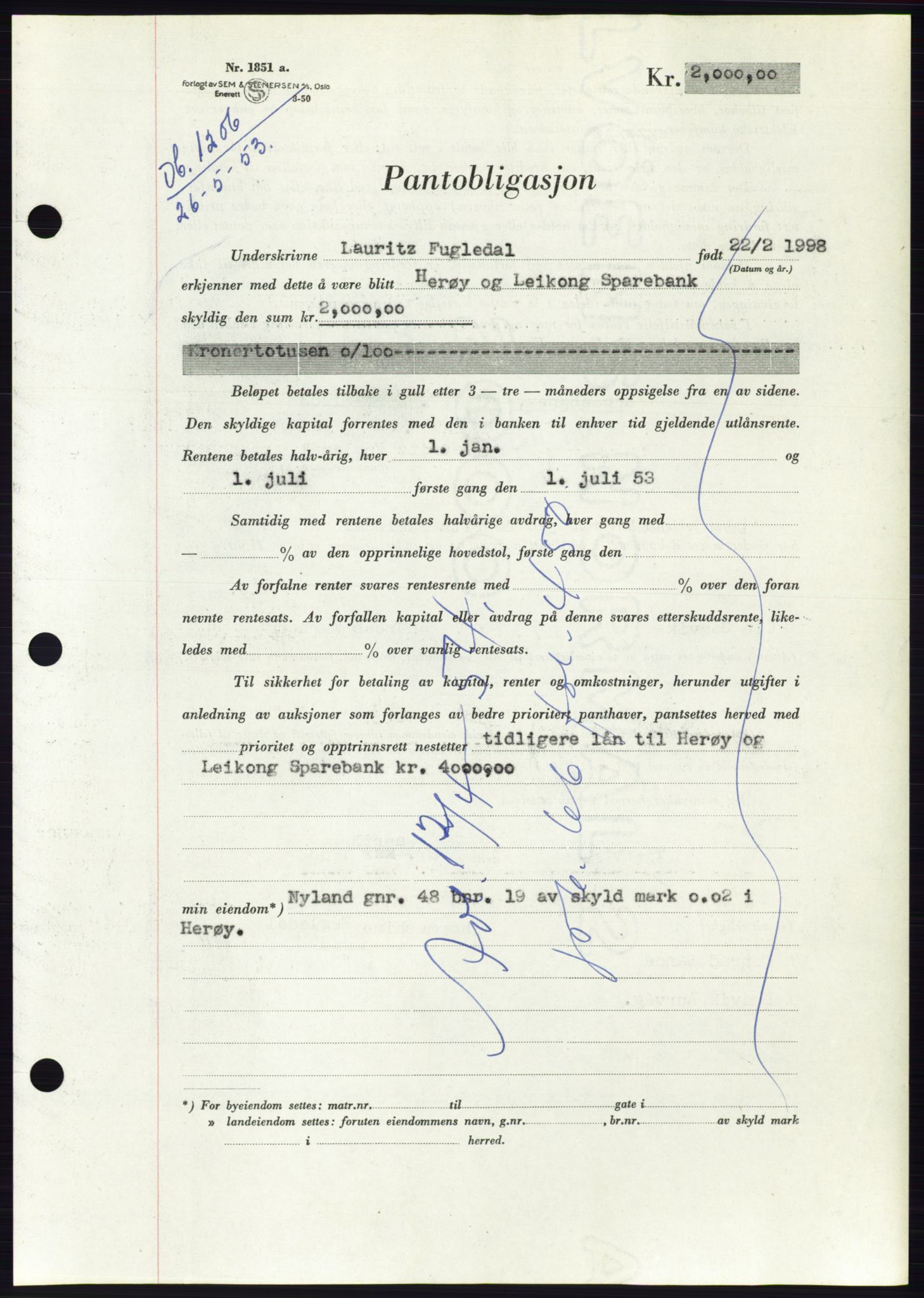 Søre Sunnmøre sorenskriveri, AV/SAT-A-4122/1/2/2C/L0123: Mortgage book no. 11B, 1953-1953, Diary no: : 1206/1953