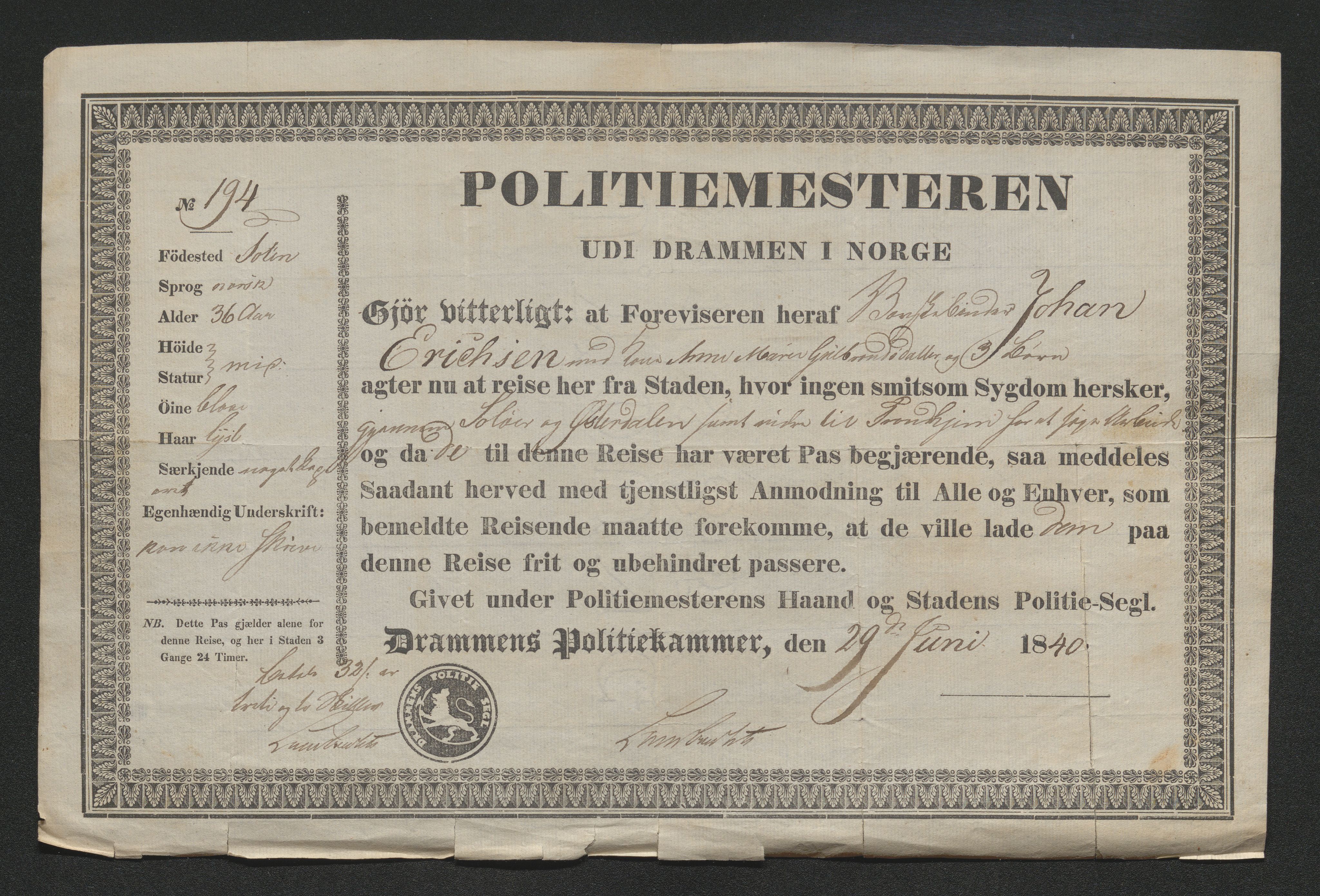 Drammen politikammer, AV/SAKO-A-623/I/Ia/Iab/L0006: Innleverte pass, 1841-1842, p. 50