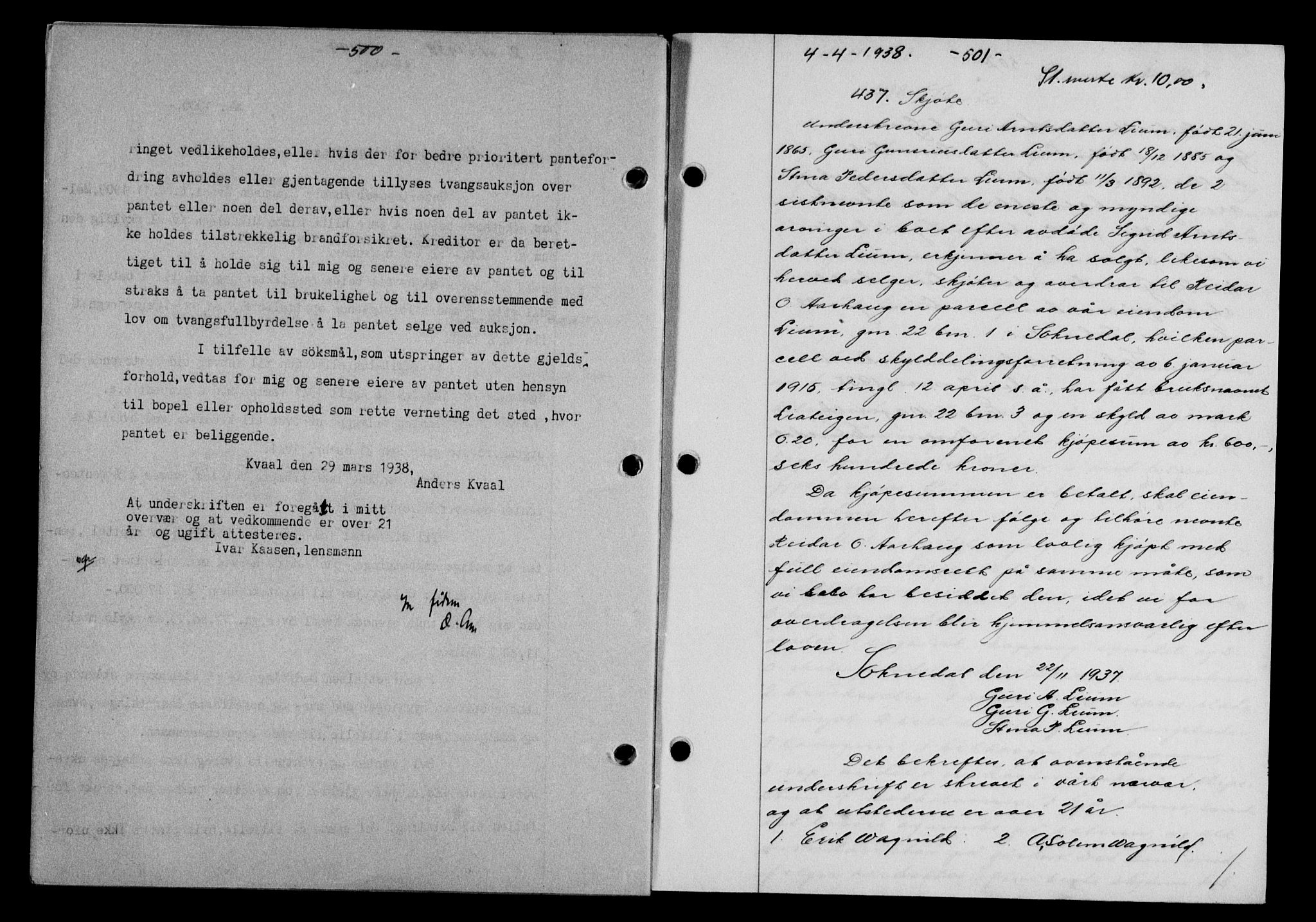 Gauldal sorenskriveri, SAT/A-0014/1/2/2C/L0048: Mortgage book no. 51-52, 1937-1938, p. 500-501, Diary no: : 437/1938