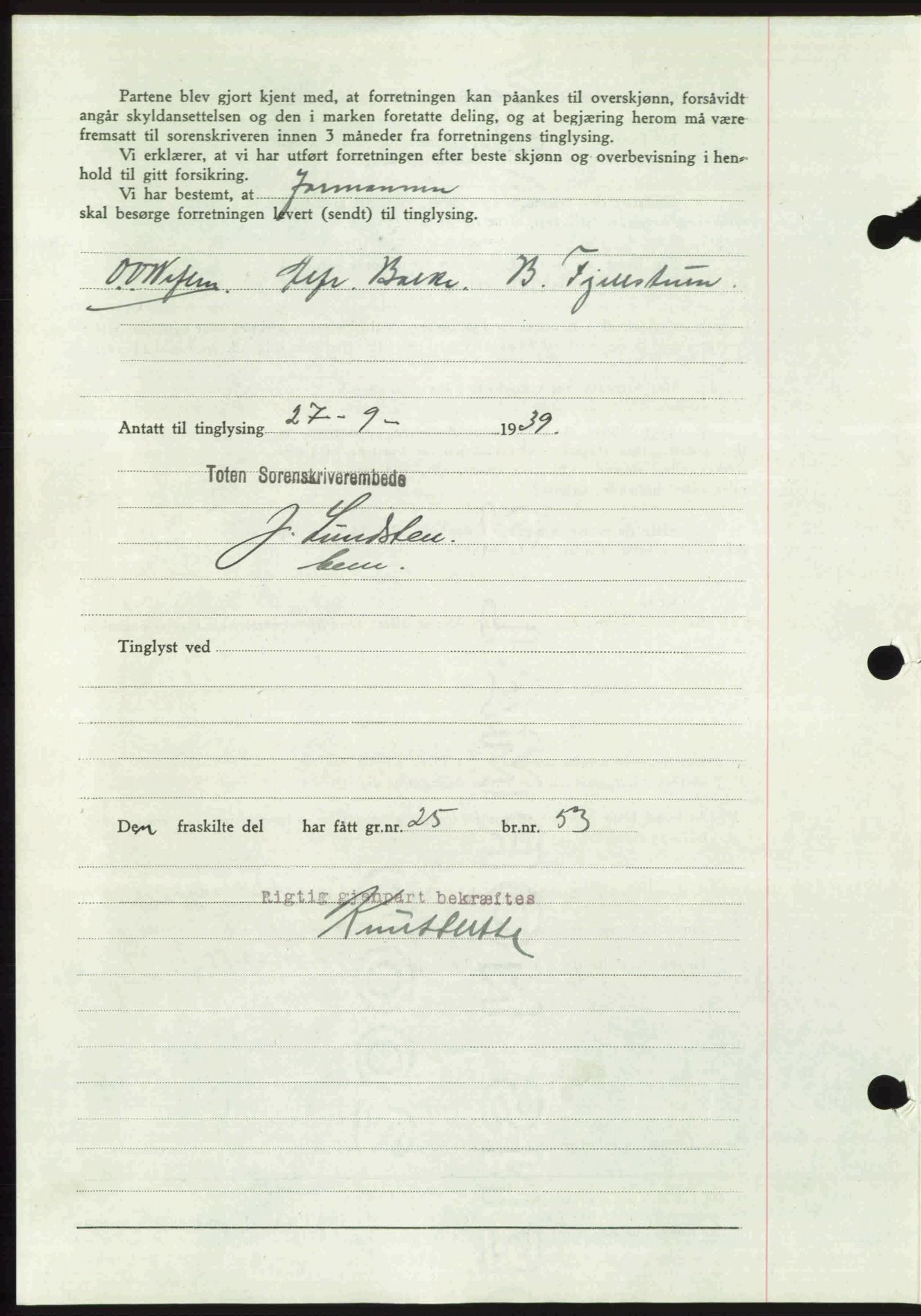 Toten tingrett, SAH/TING-006/H/Hb/Hbc/L0006: Mortgage book no. Hbc-06, 1939-1939, Diary no: : 2614/1939