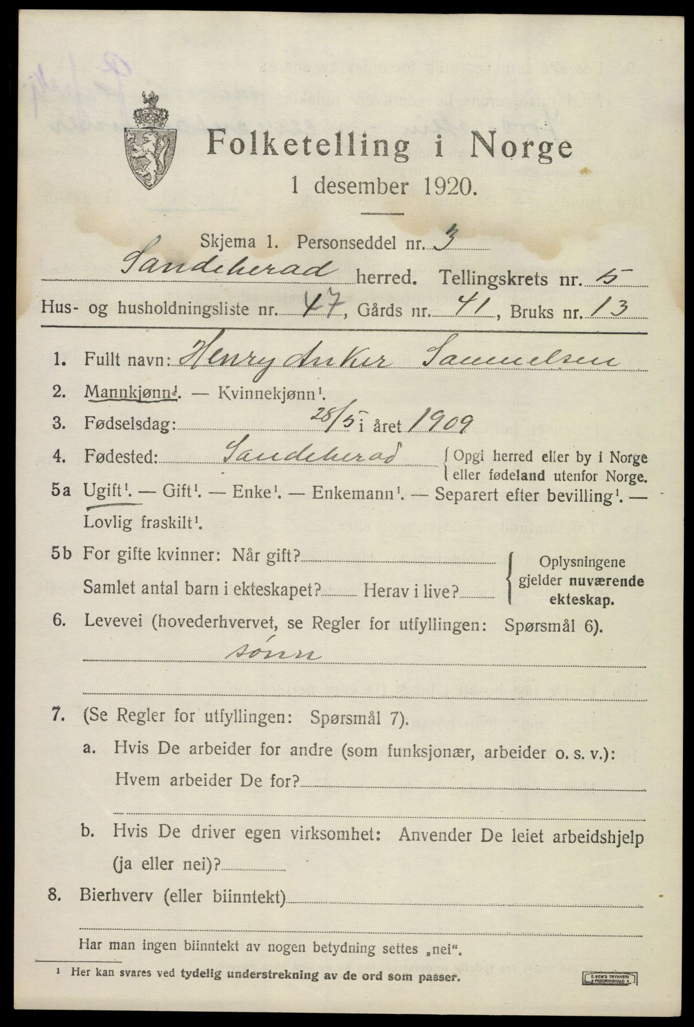 SAKO, 1920 census for Sandeherred, 1920, p. 8614