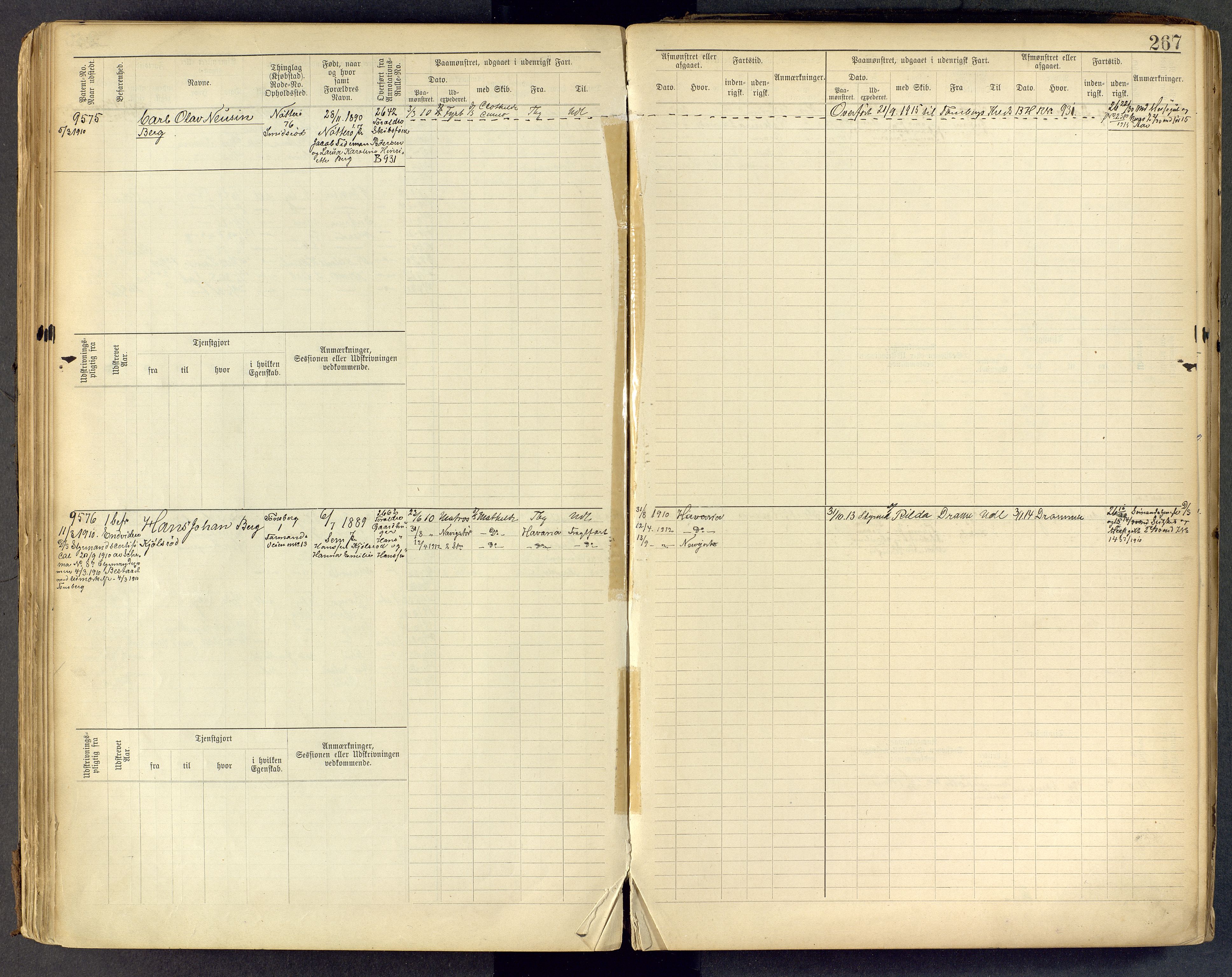 Tønsberg innrulleringskontor, AV/SAKO-A-786/F/Fc/Fcb/L0009: Hovedrulle Patent nr. 9043-9992, 1900-1921, p. 267