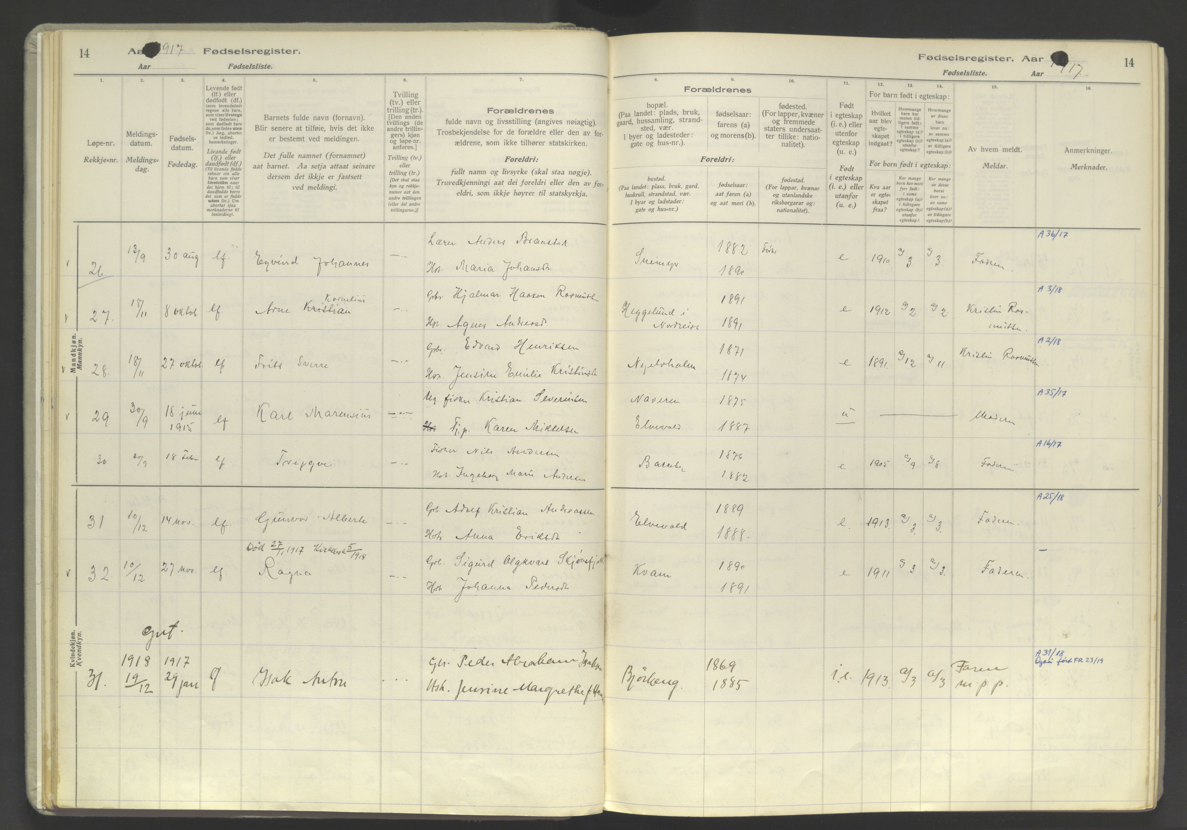 Skjervøy sokneprestkontor, AV/SATØ-S-1300/I/Ia/L0060: Birth register no. 60, 1916-1947, p. 14