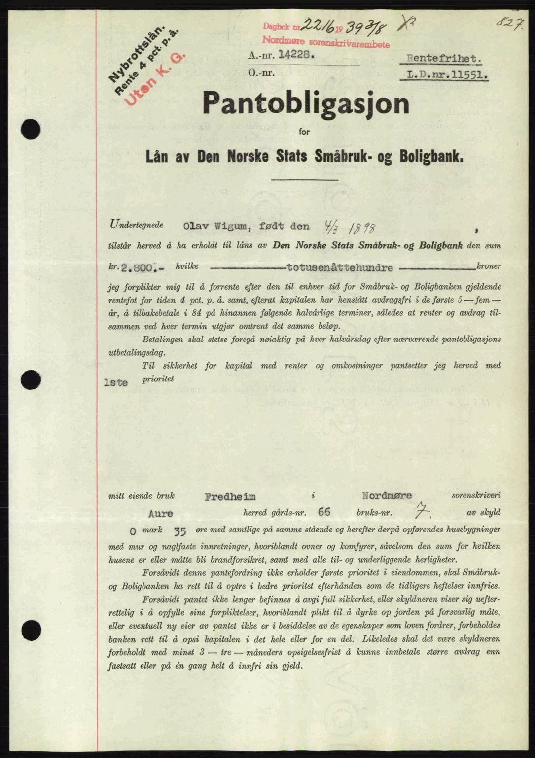 Nordmøre sorenskriveri, AV/SAT-A-4132/1/2/2Ca: Mortgage book no. B85, 1939-1939, Diary no: : 2216/1939