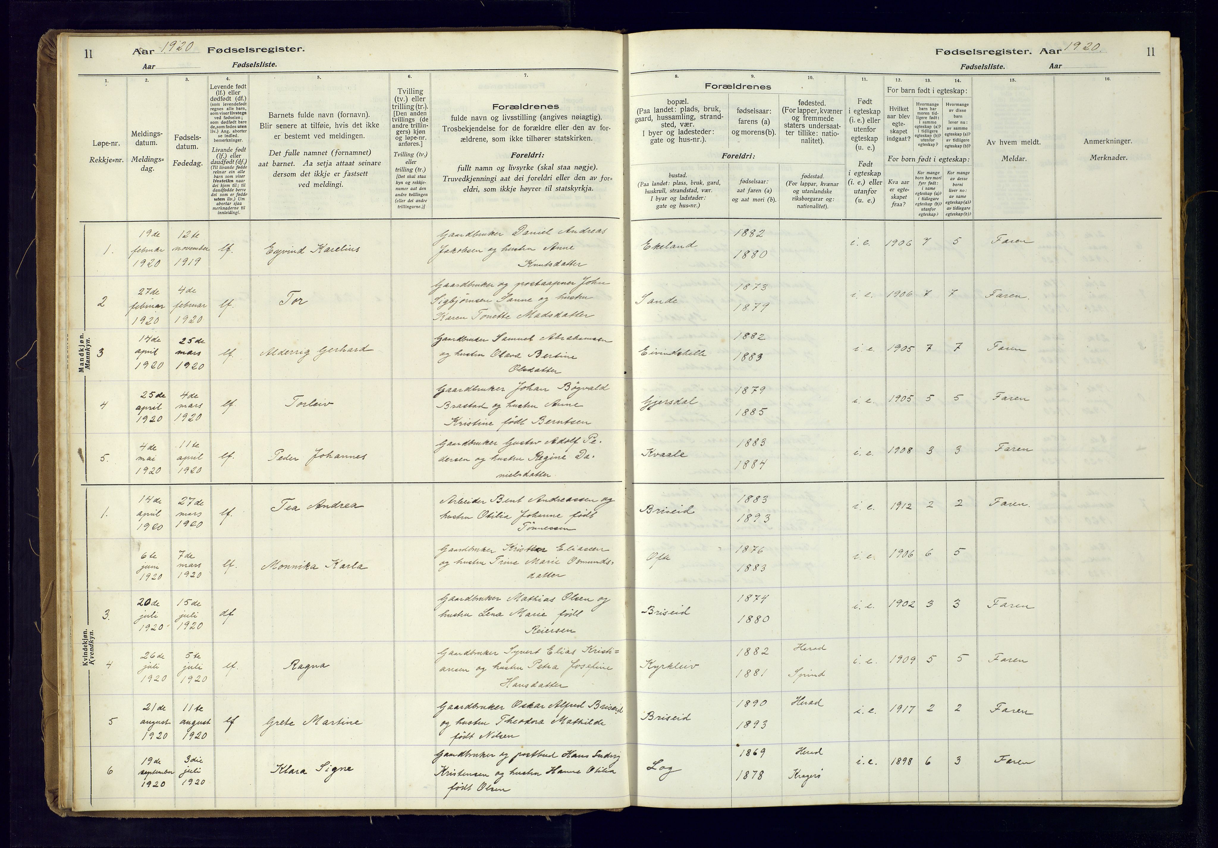 Herad sokneprestkontor, SAK/1111-0018/J/Ja/L0001: Birth register no. A-VI-12, 1916-1981, p. 11