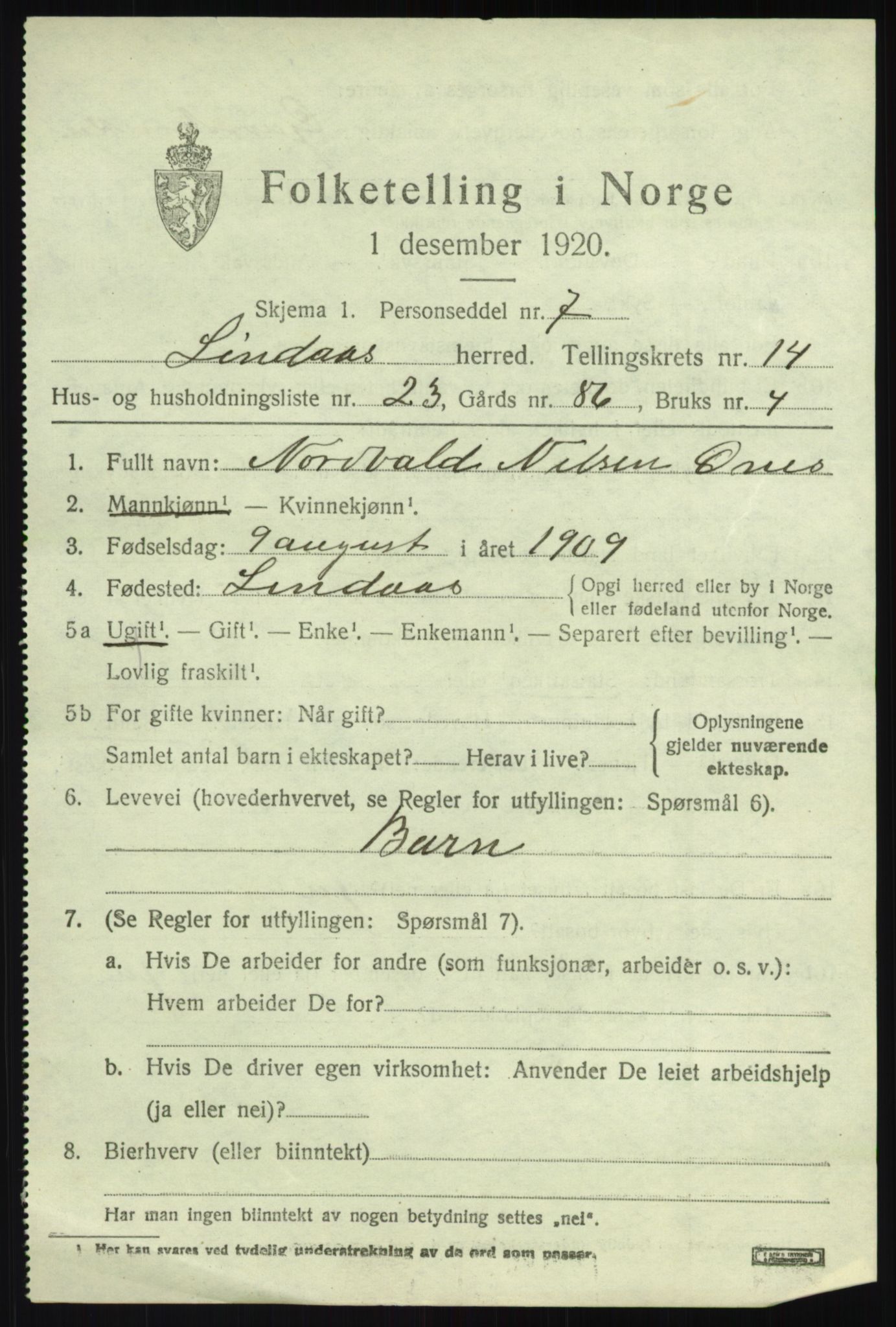 SAB, 1920 census for Lindås, 1920, p. 7535