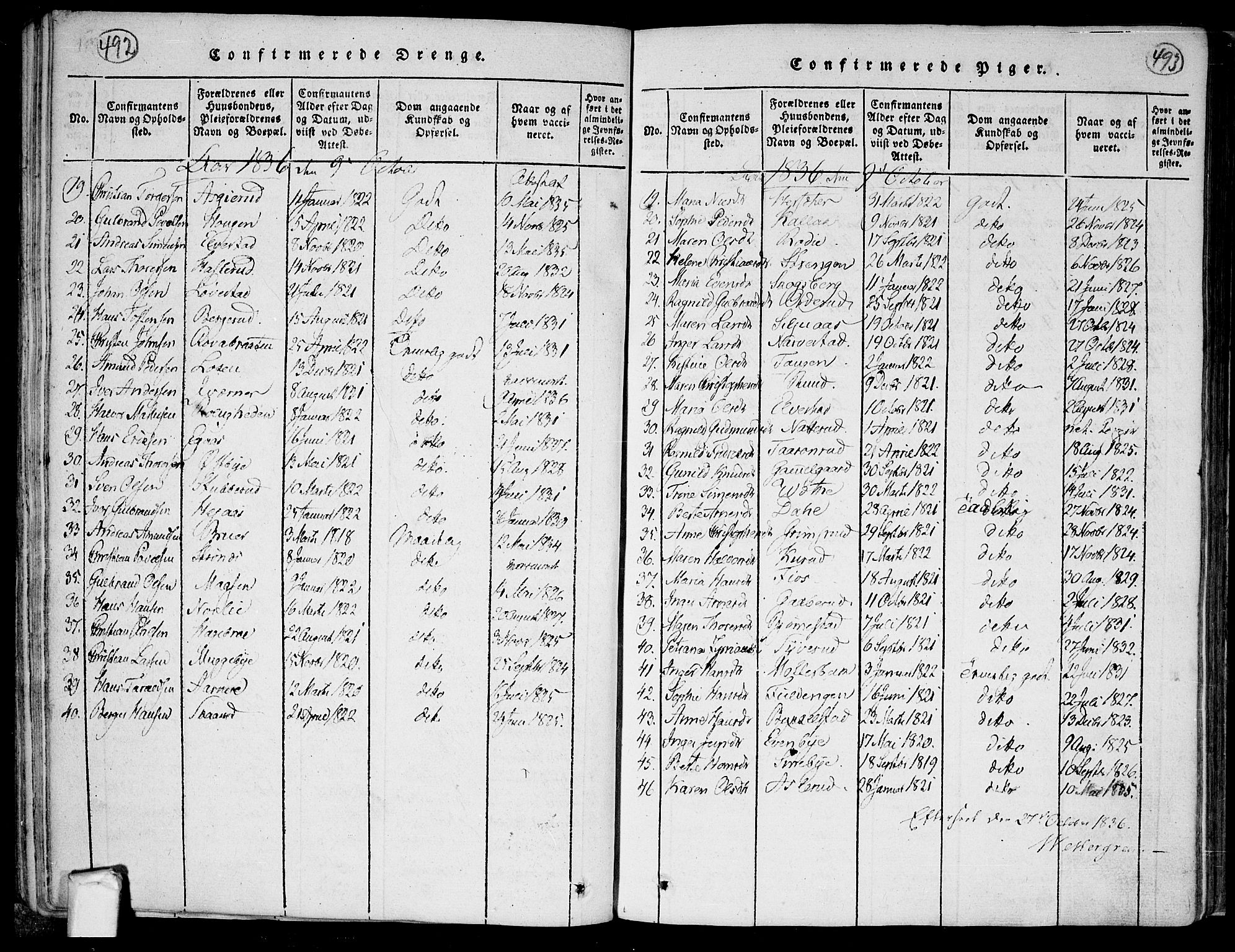Trøgstad prestekontor Kirkebøker, SAO/A-10925/F/Fa/L0006: Parish register (official) no. I 6, 1815-1844, p. 492-493