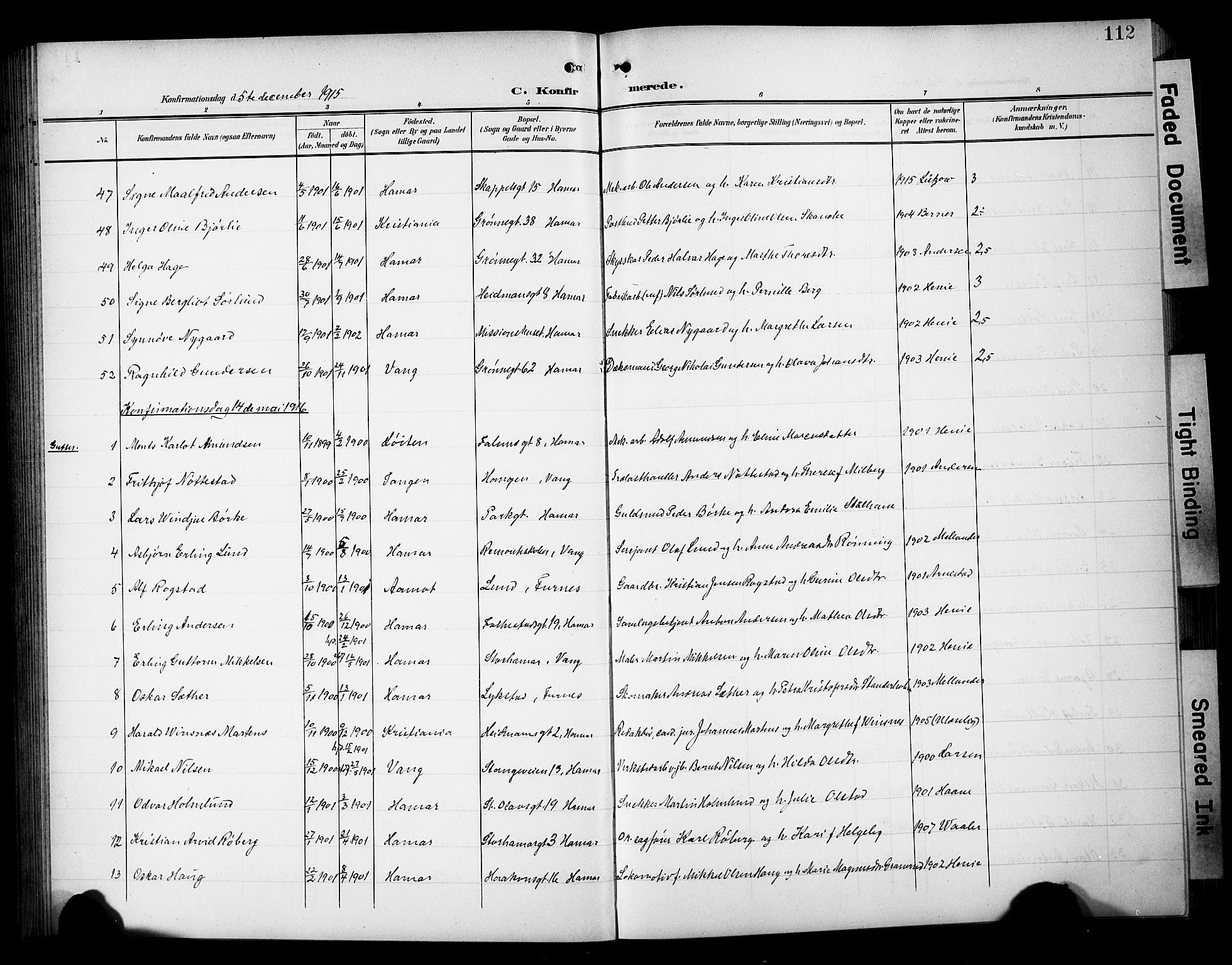Hamar prestekontor, SAH/DOMPH-002/H/Ha/Hab/L0002: Parish register (copy) no. 2, 1899-1929, p. 112
