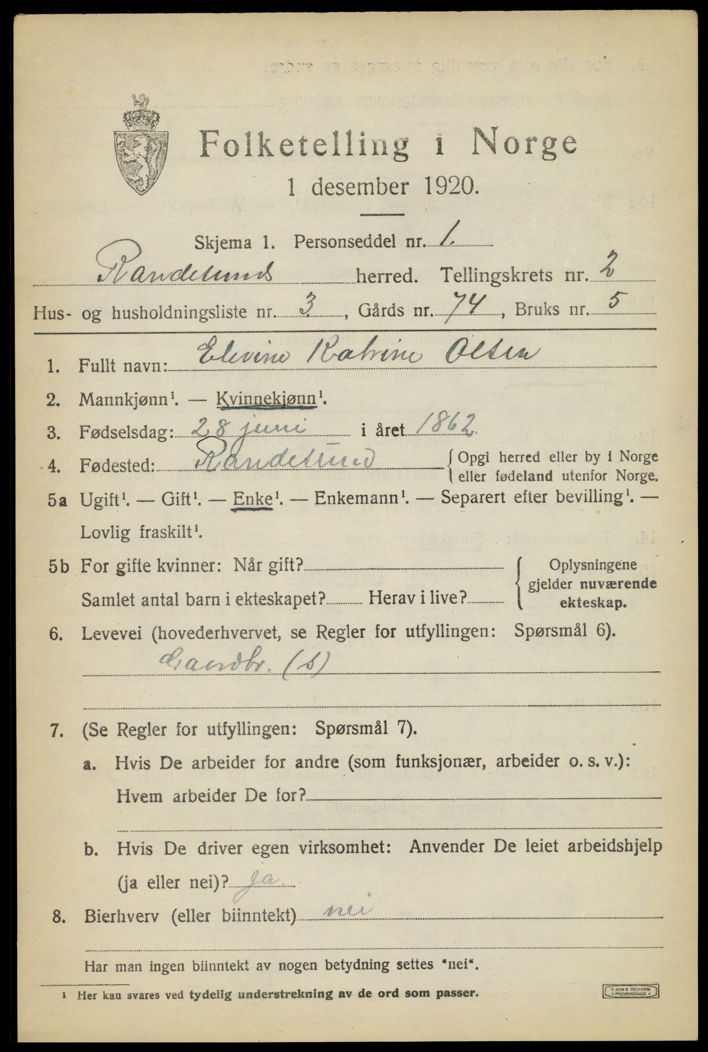 SAK, 1920 census for Randesund, 1920, p. 1108