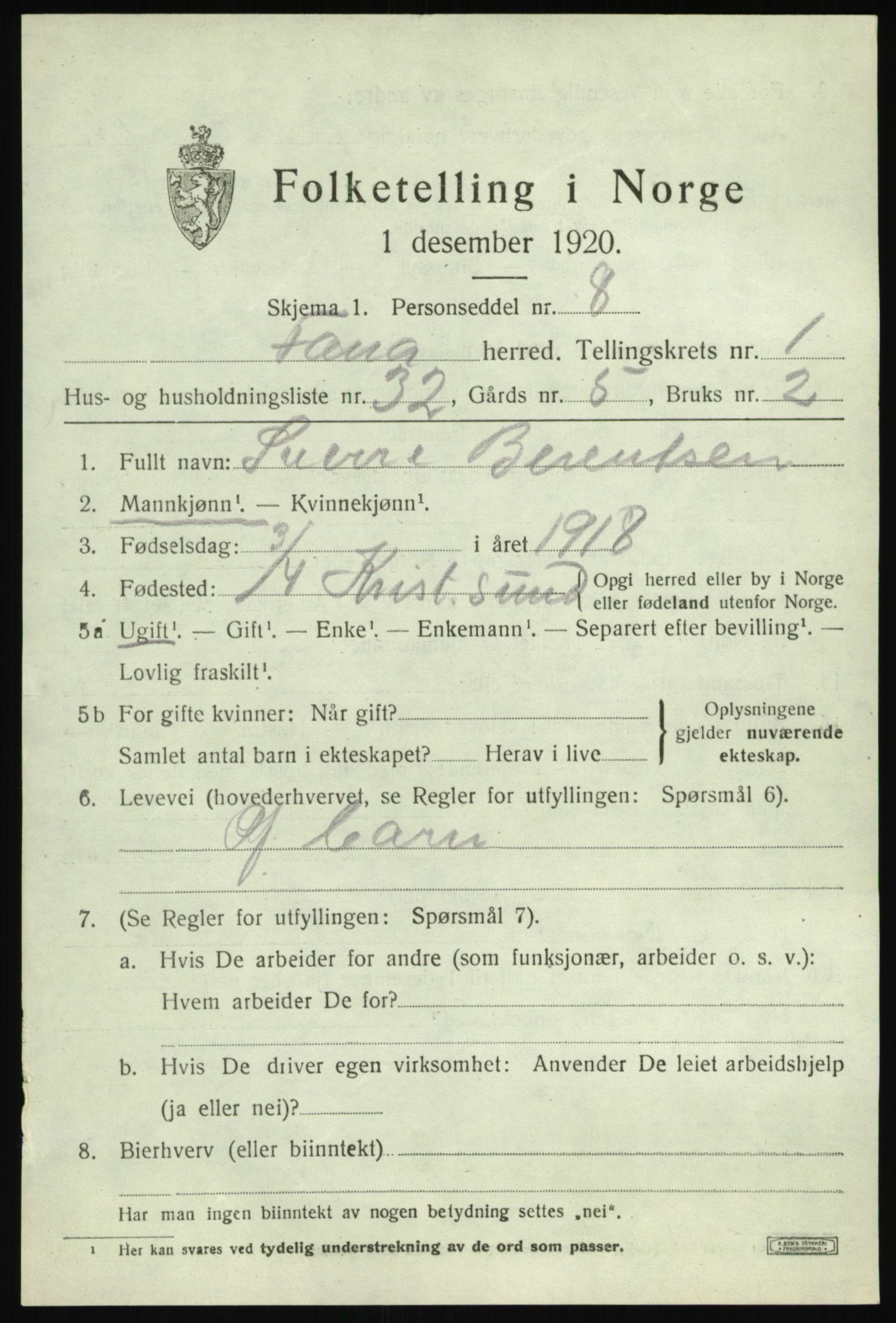 SAB, 1920 census for Fana, 1920, p. 4055