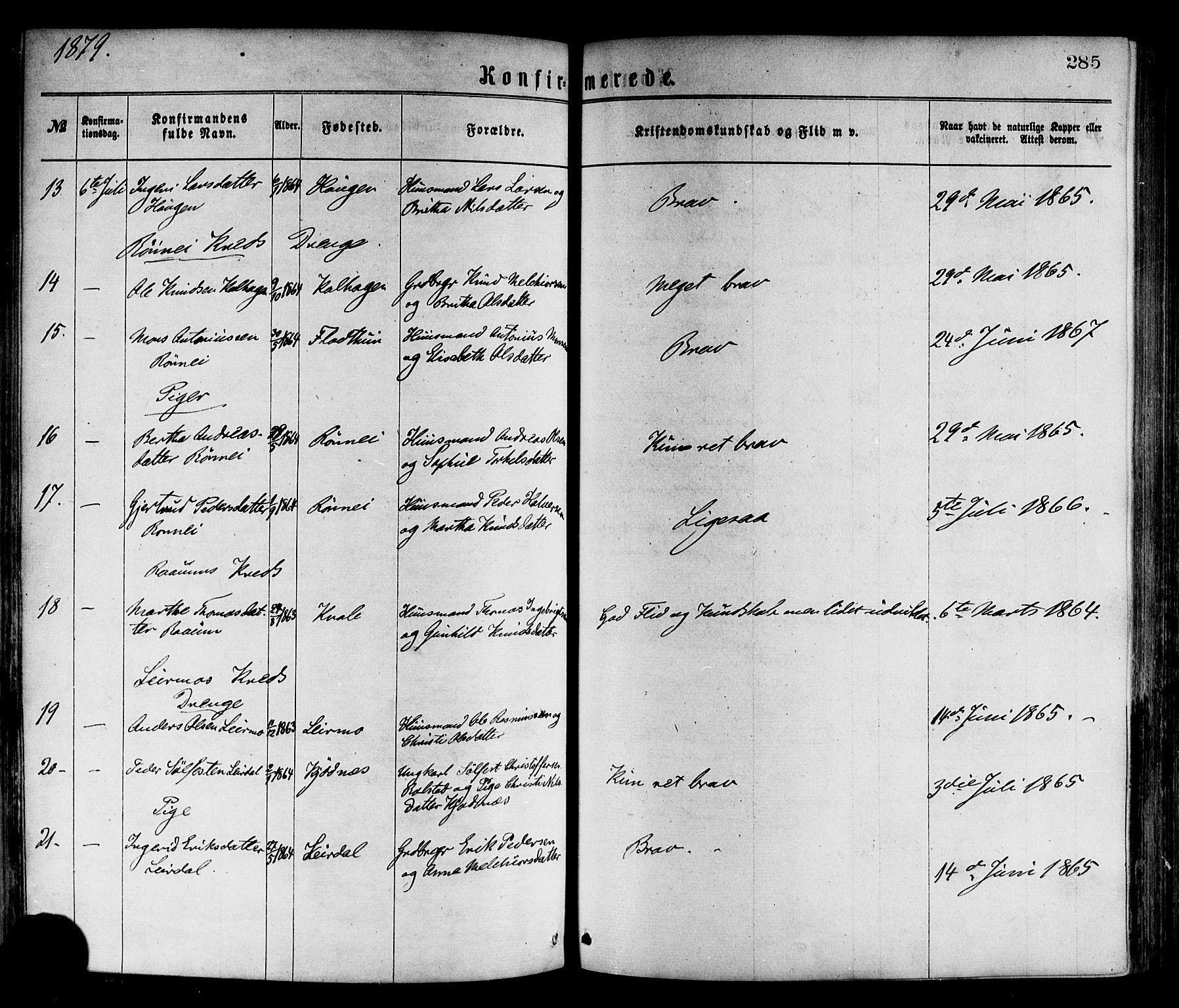 Luster sokneprestembete, AV/SAB-A-81101/H/Haa/Haaa/L0010: Parish register (official) no. A 10, 1871-1886, p. 285