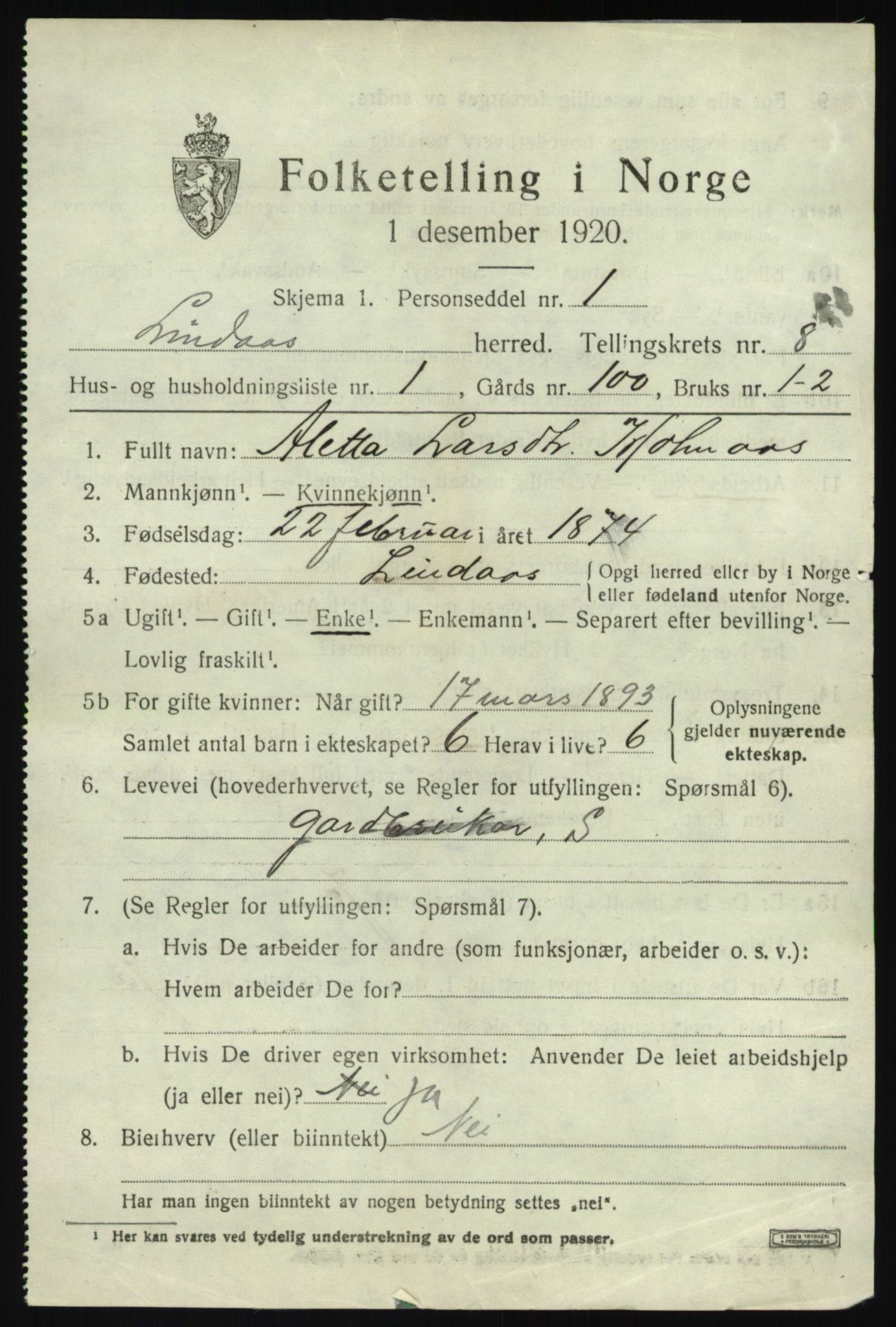 SAB, 1920 census for Lindås, 1920, p. 4233