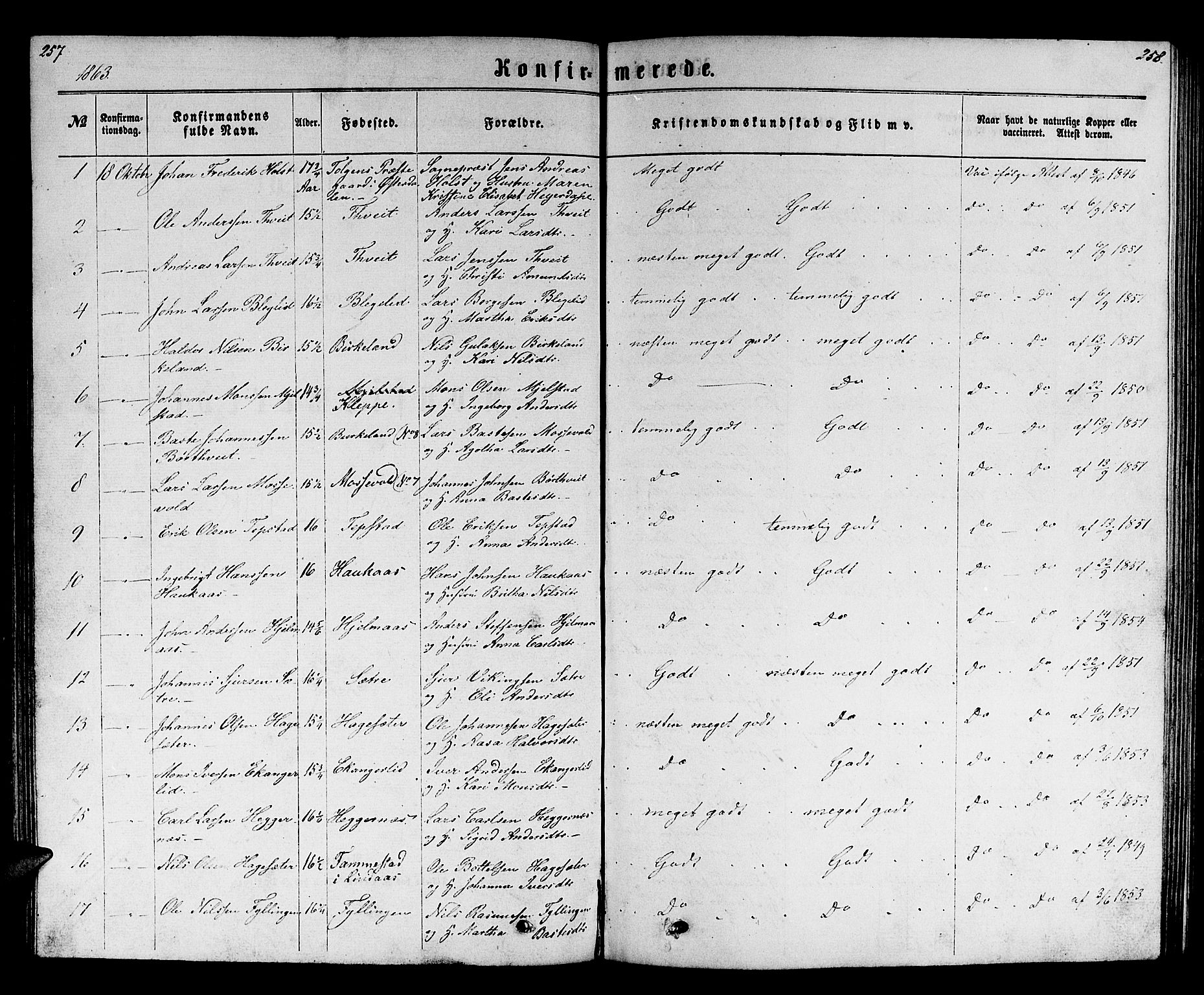 Hamre sokneprestembete, SAB/A-75501/H/Ha/Hab: Parish register (copy) no. B 2, 1863-1880, p. 257-258