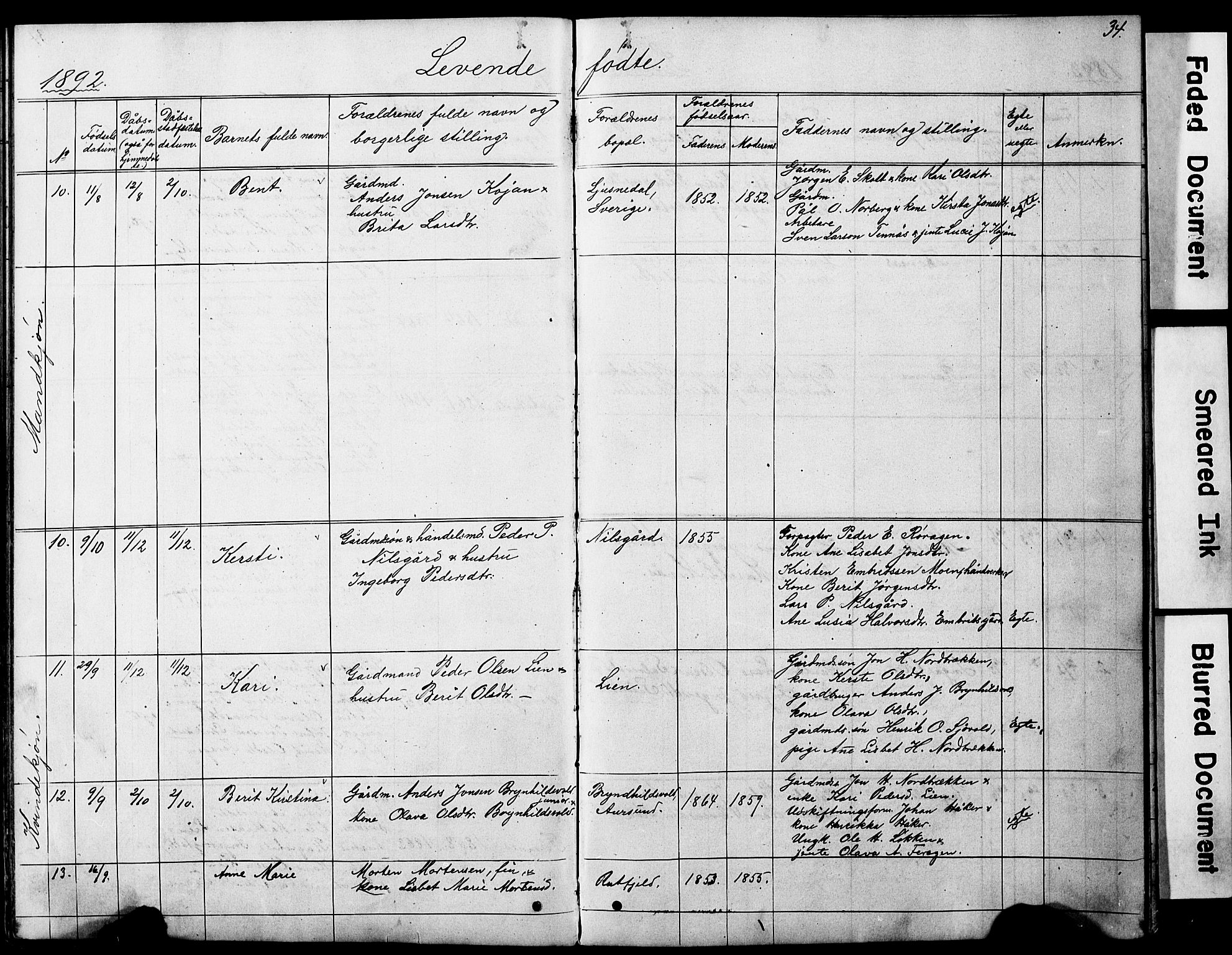 Ministerialprotokoller, klokkerbøker og fødselsregistre - Sør-Trøndelag, SAT/A-1456/683/L0949: Parish register (copy) no. 683C01, 1880-1896, p. 34