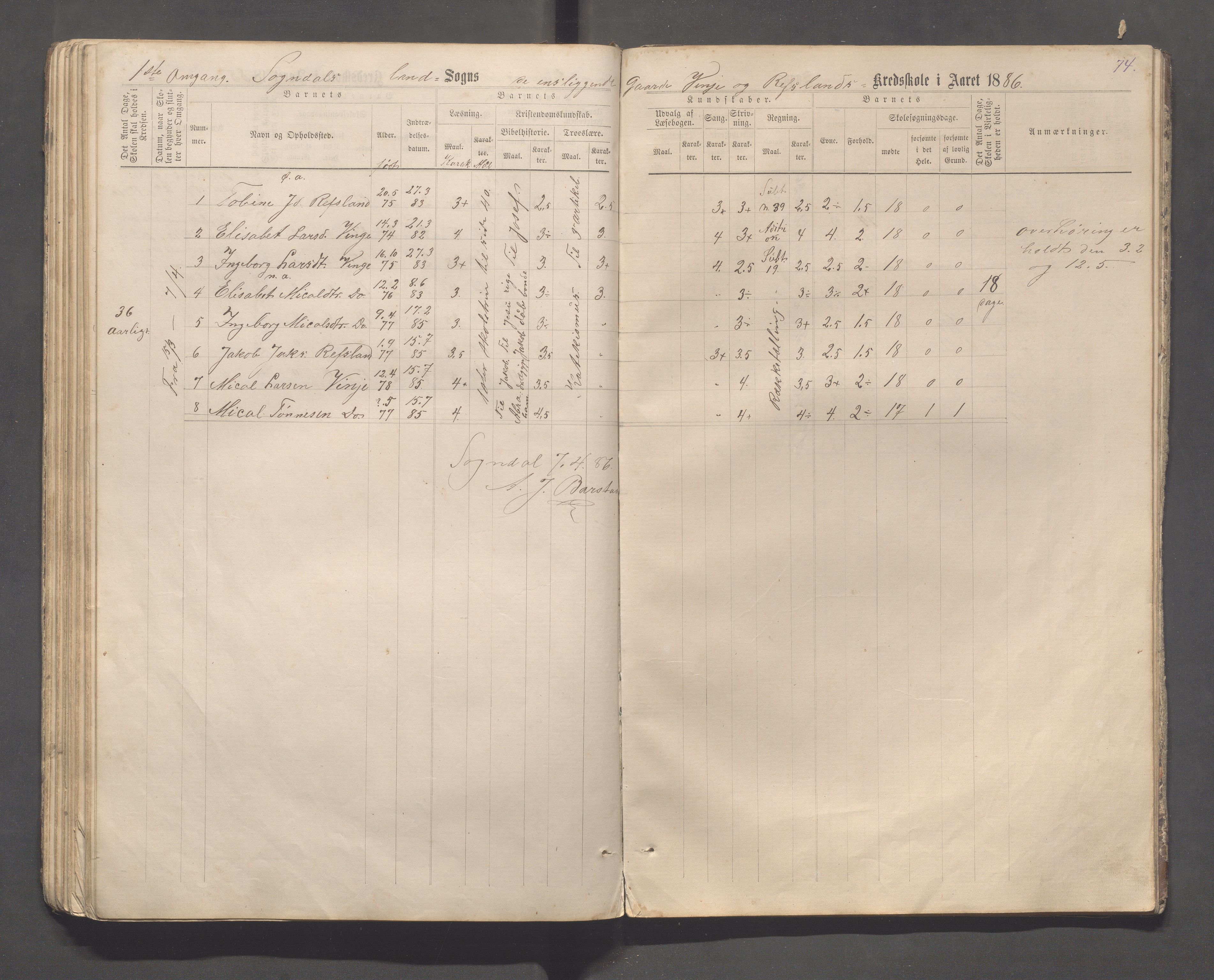 Sokndal kommune- Skolestyret/Skolekontoret, IKAR/K-101142/H/L0013: Skoleprotokoll - Netland, Eia, Vinje, Refsland, 1876-1893, p. 74