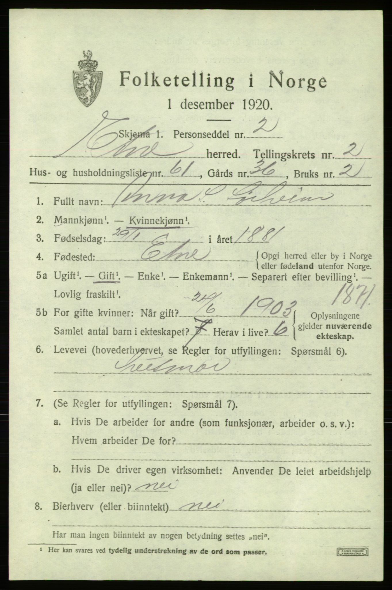 SAB, 1920 census for Etne, 1920, p. 1693