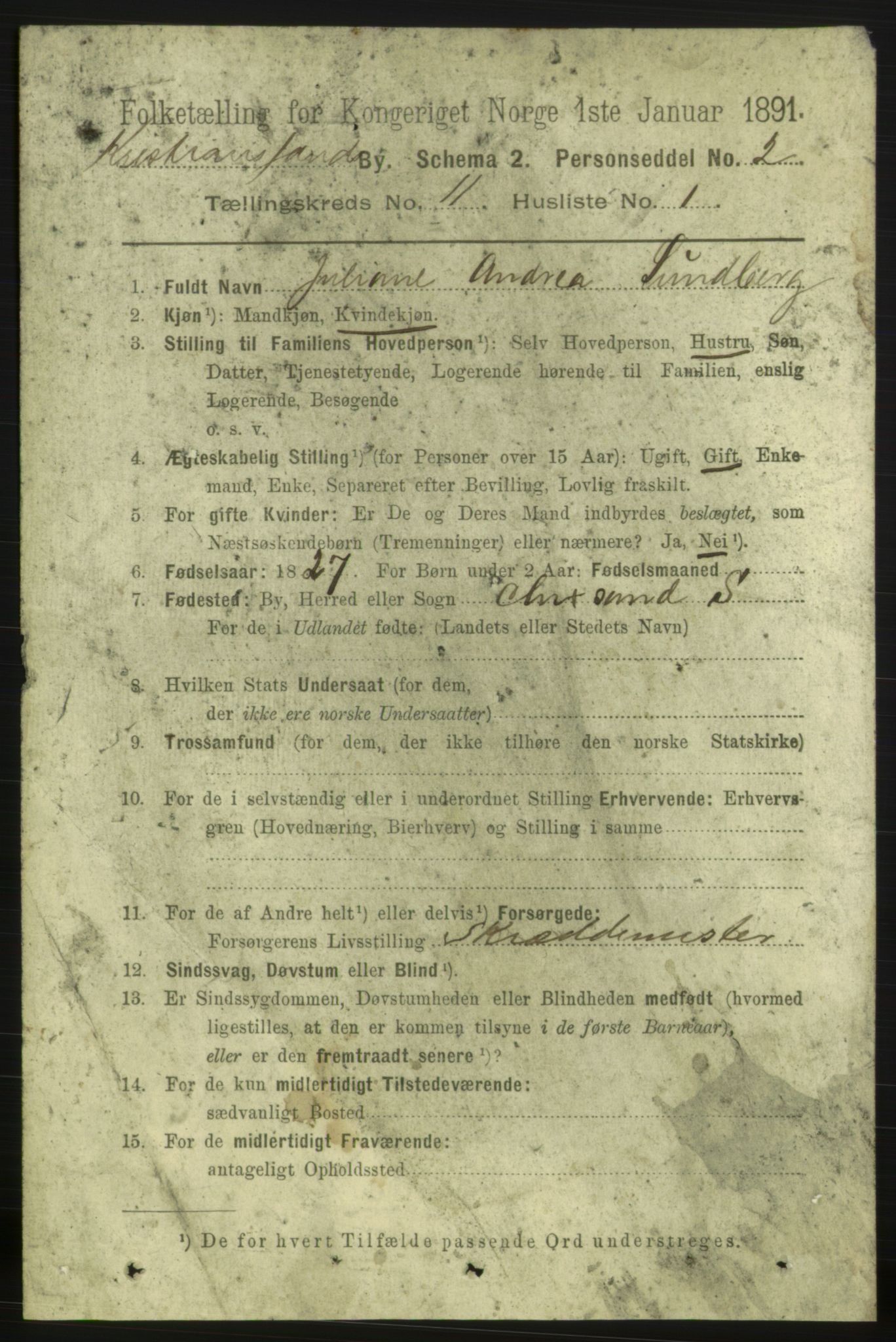 RA, 1891 census for 1001 Kristiansand, 1891, p. 5585