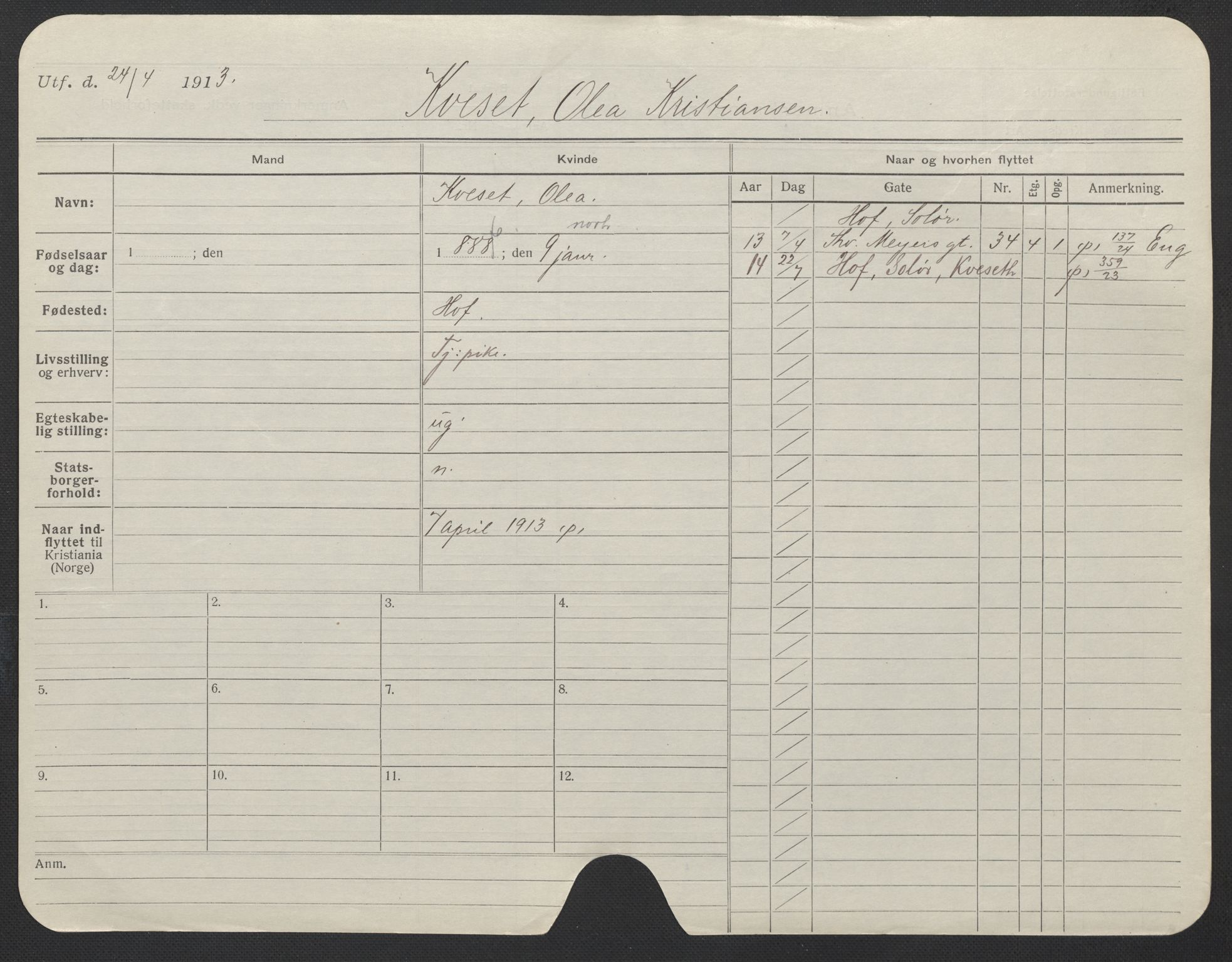 Oslo folkeregister, Registerkort, AV/SAO-A-11715/F/Fa/Fac/L0019: Kvinner, 1906-1914, p. 673a