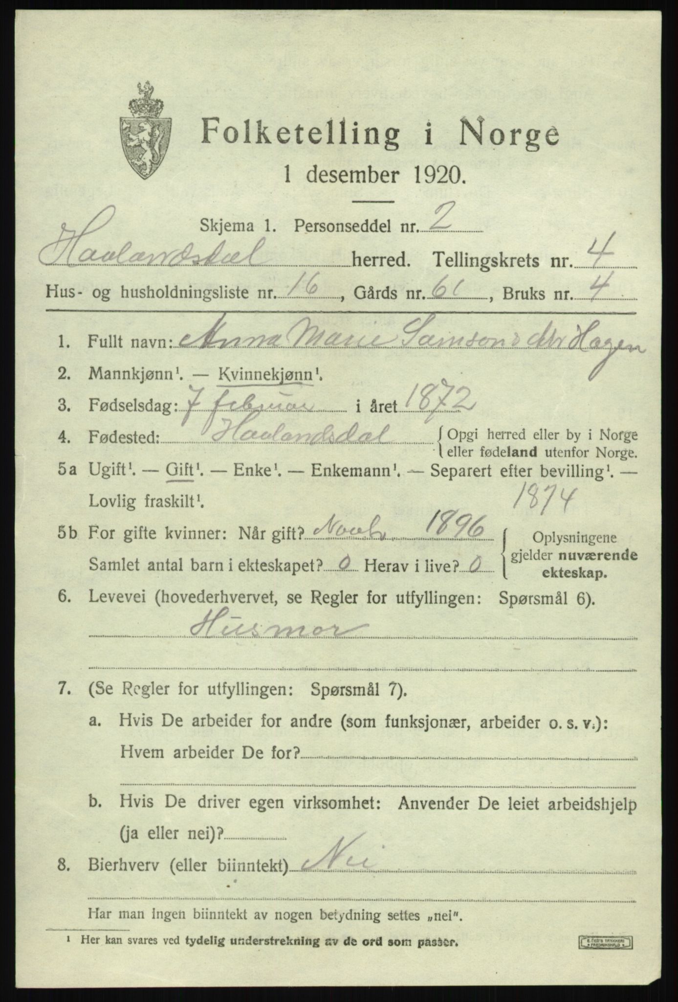 SAB, 1920 census for Hålandsdal, 1920, p. 1018