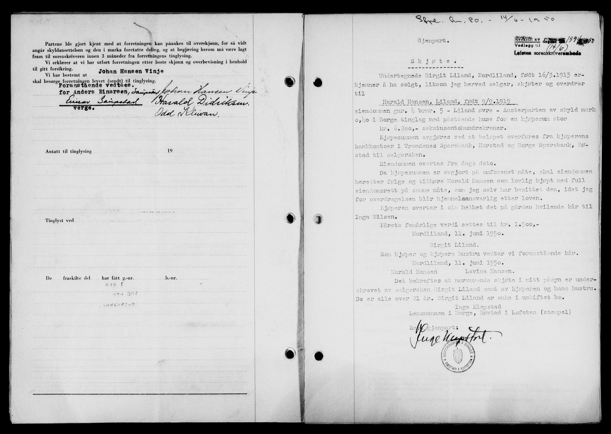 Lofoten sorenskriveri, SAT/A-0017/1/2/2C/L0023a: Mortgage book no. 23a, 1950-1950, Diary no: : 1594/1950