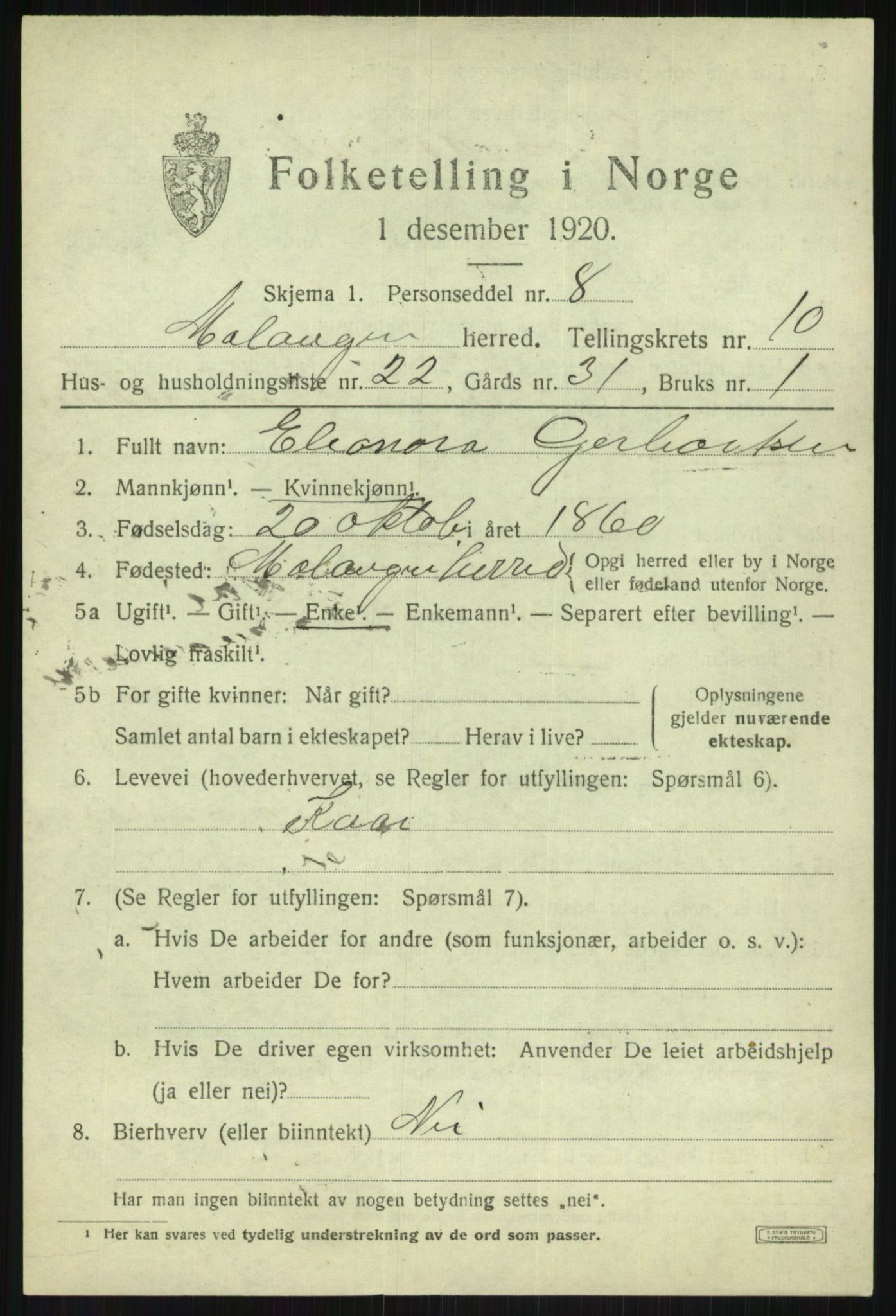 SATØ, 1920 census for Malangen, 1920, p. 4079