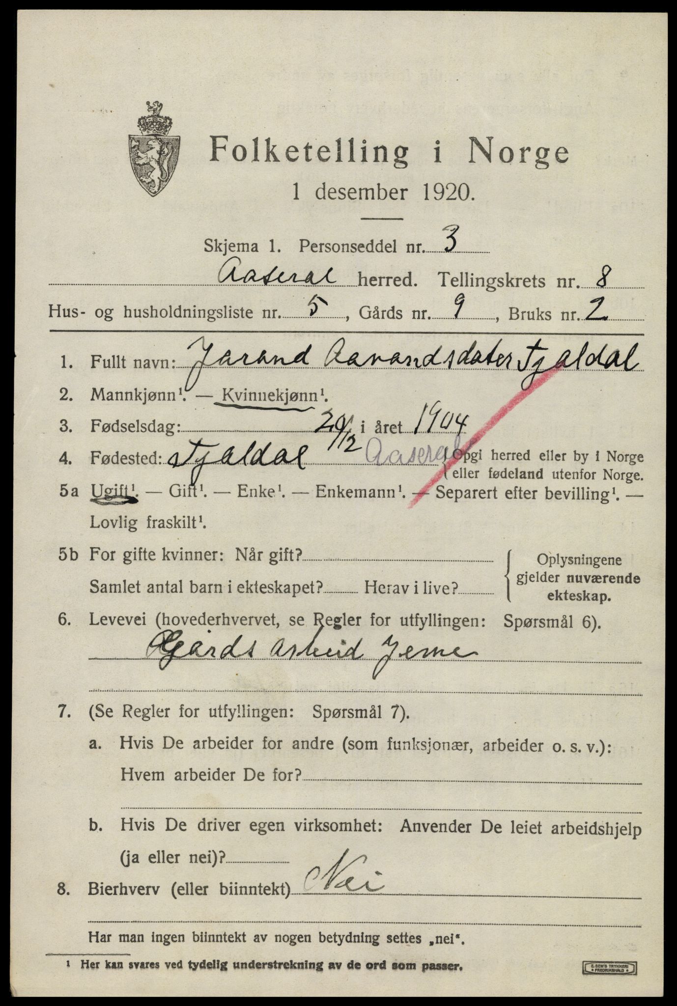 SAK, 1920 census for Åseral, 1920, p. 2484