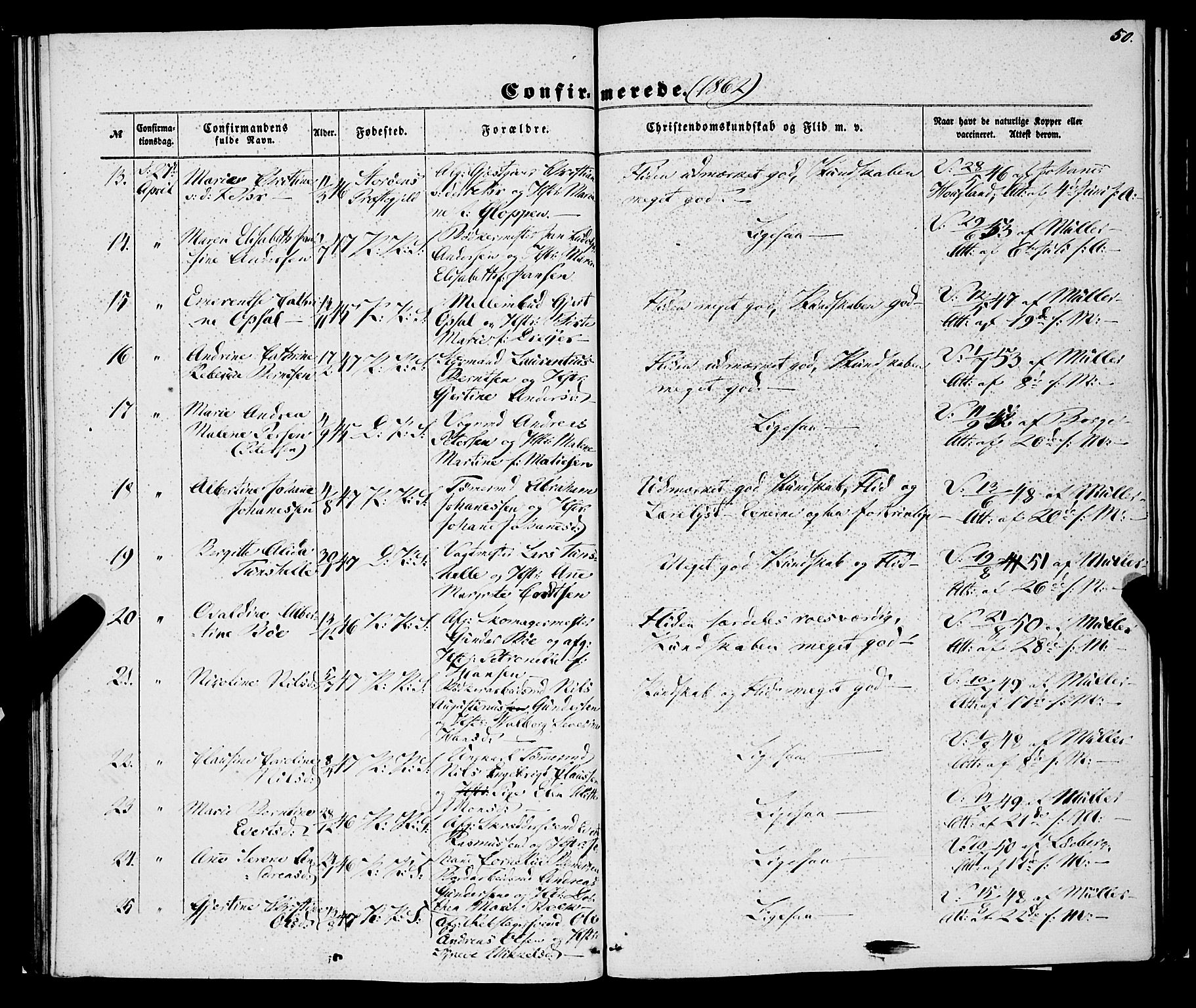 Korskirken sokneprestembete, AV/SAB-A-76101/H/Haa/L0069: Curate's parish register no. A 4, 1856-1869, p. 50