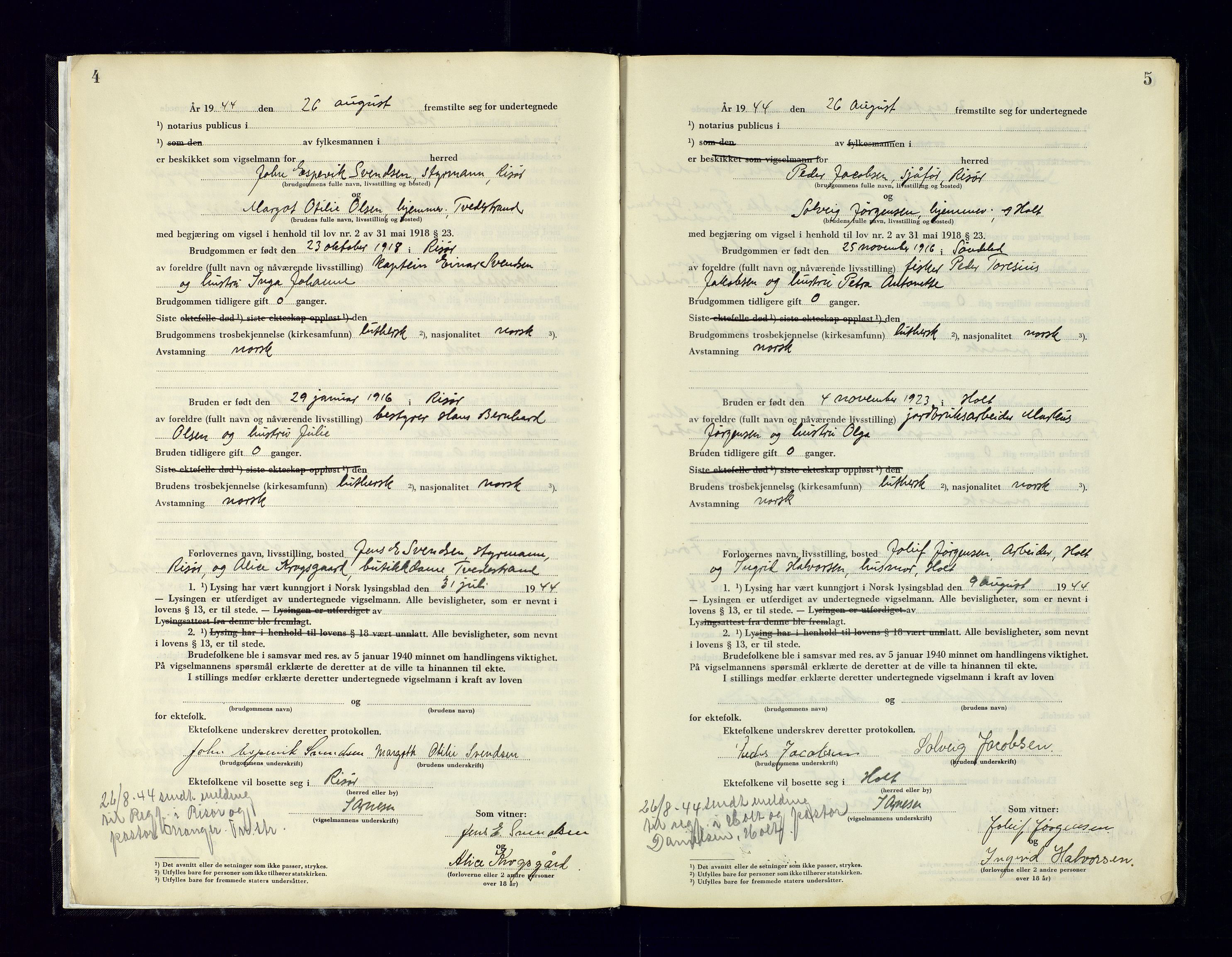Holt sorenskriveri, AV/SAK-1221-0002/L/Ld/L0003: Vigselbok nr. 2, 1944-1964, p. 4-5