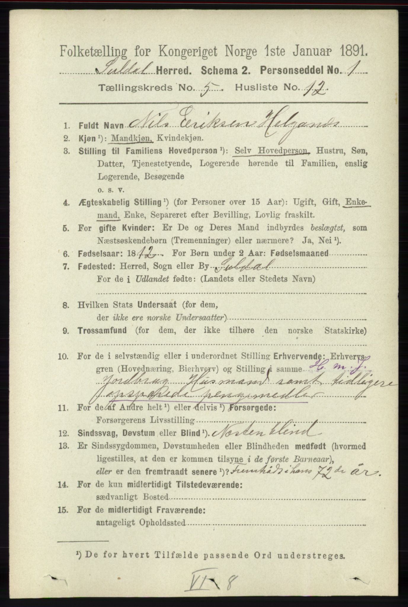 RA, 1891 census for 1134 Suldal, 1891, p. 1524