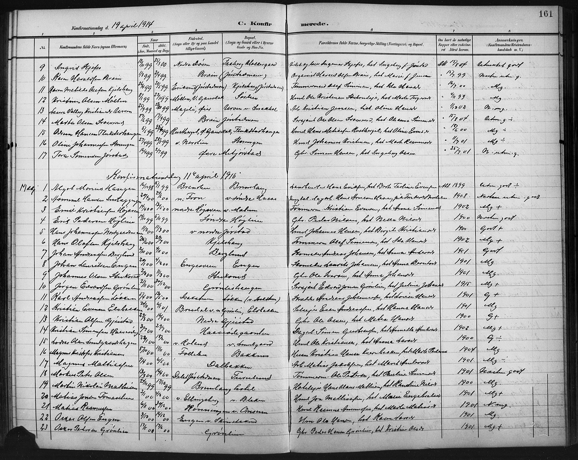 Fåberg prestekontor, AV/SAH-PREST-086/H/Ha/Hab/L0011: Parish register (copy) no. 11, 1901-1921, p. 161