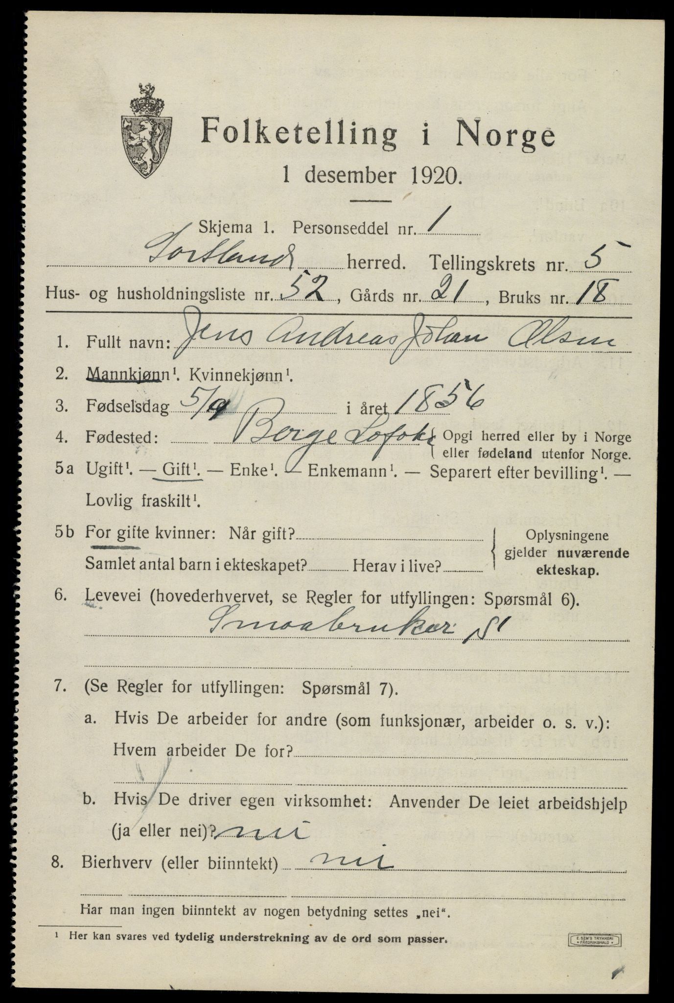 SAT, 1920 census for Sortland, 1920, p. 6216