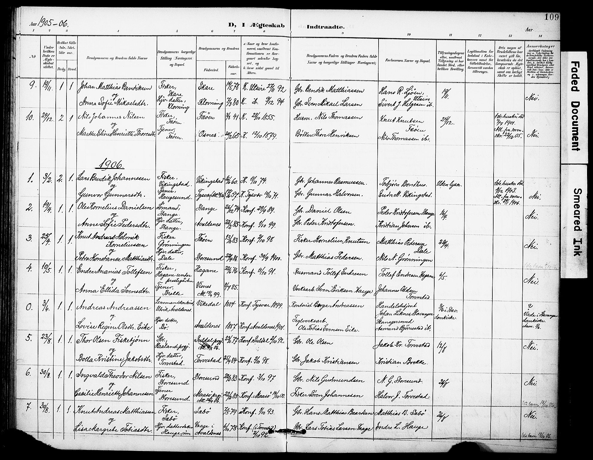 Torvastad sokneprestkontor, SAST/A -101857/H/Ha/Haa/L0017: Parish register (official) no. A 16, 1899-1911, p. 109