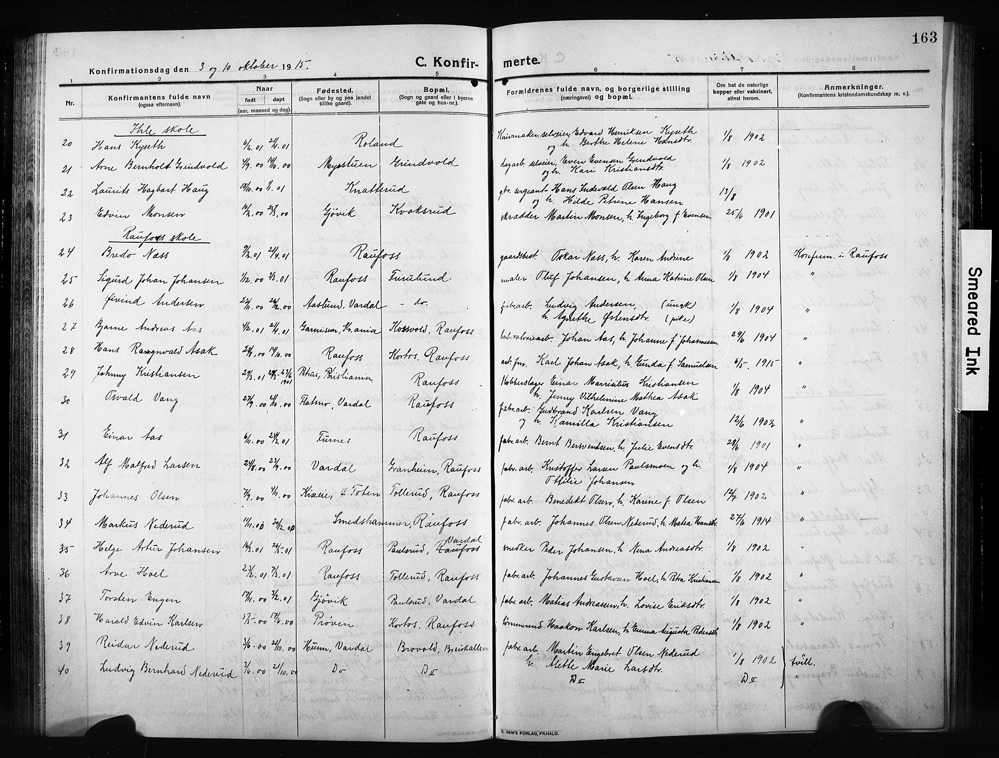 Vestre Toten prestekontor, SAH/PREST-108/H/Ha/Hab/L0012: Parish register (copy) no. 12, 1909-1928, p. 163