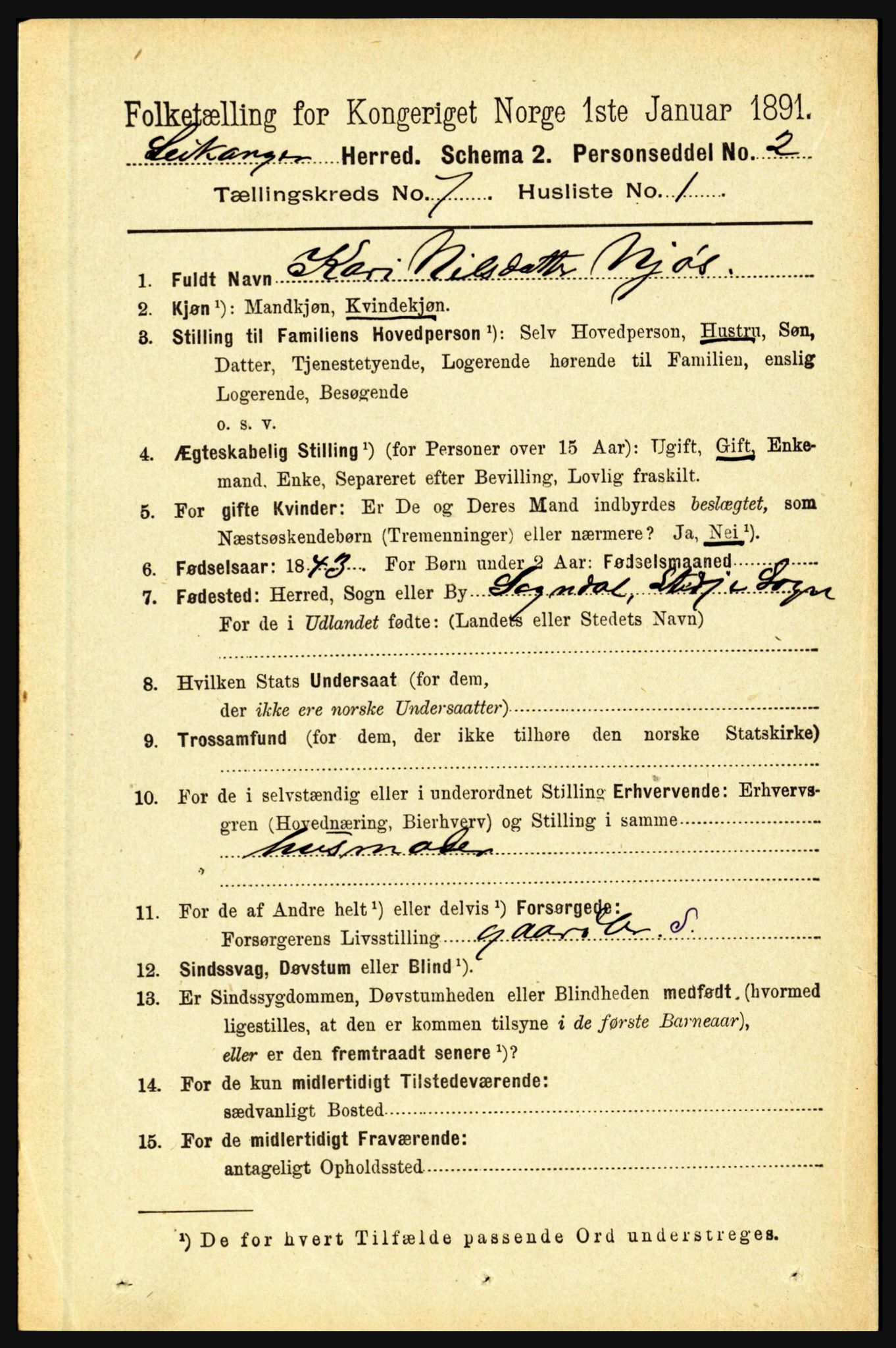 RA, 1891 census for 1419 Leikanger, 1891, p. 1343