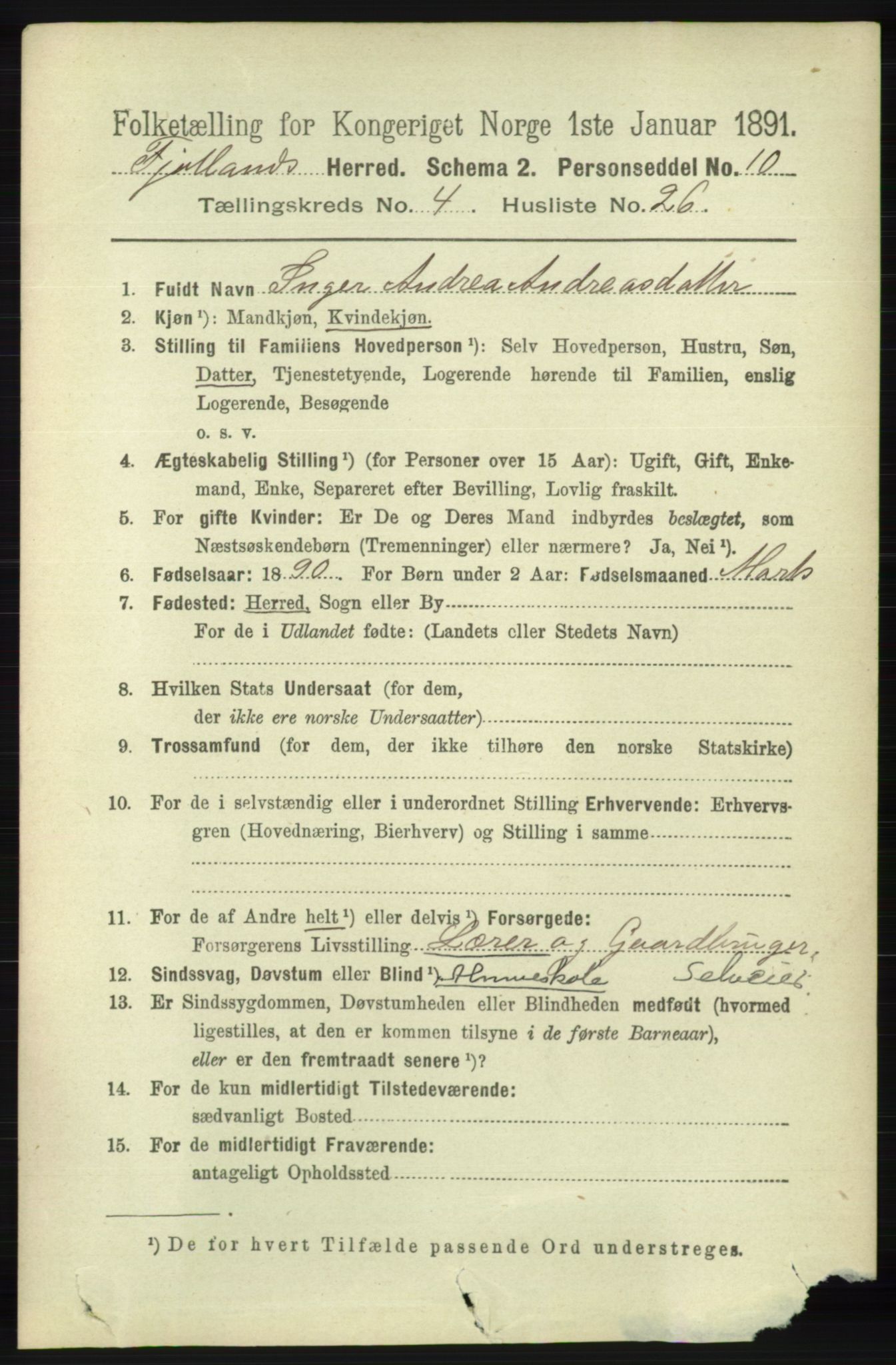 RA, 1891 census for 1036 Fjotland, 1891, p. 696