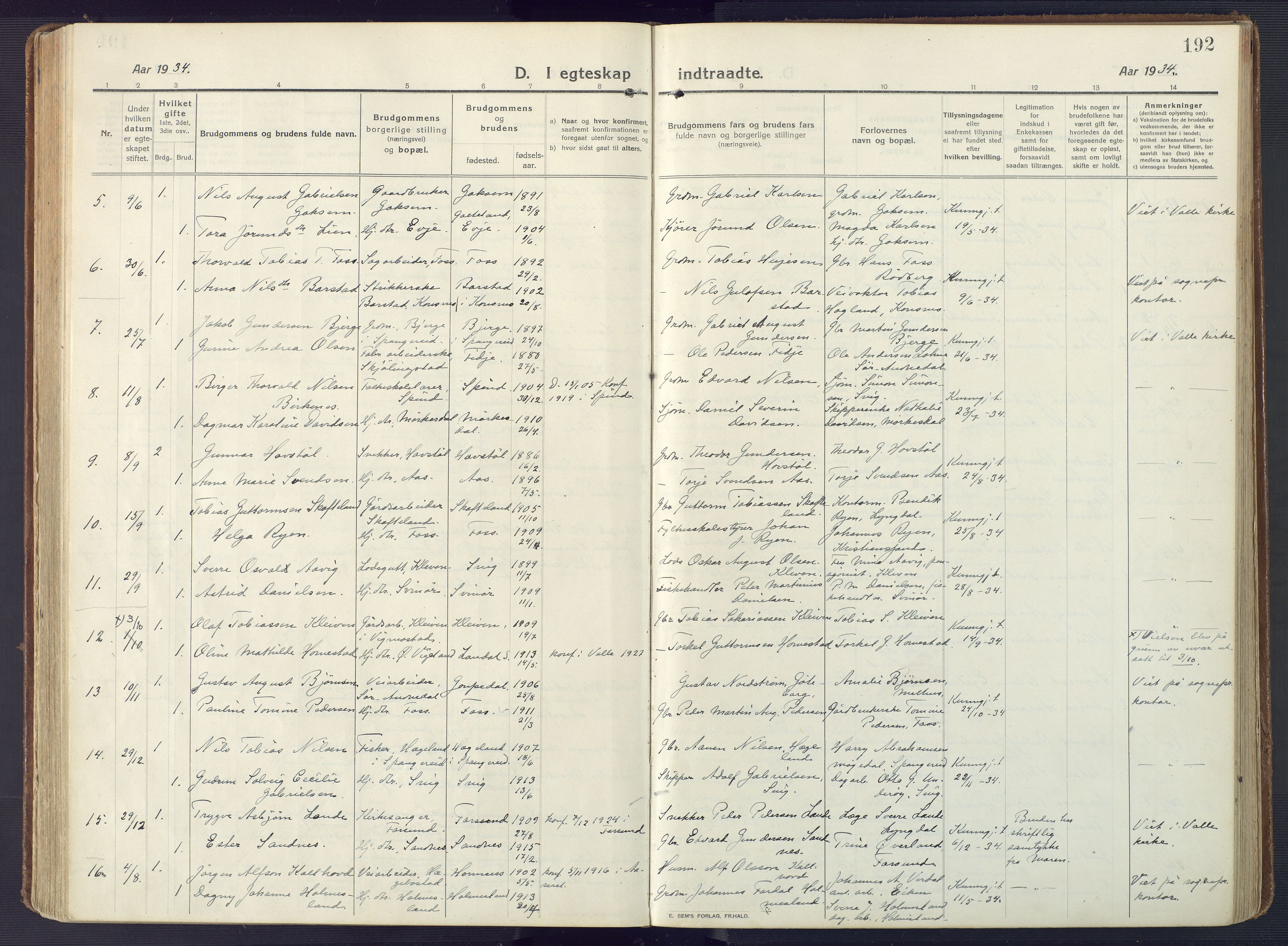 Sør-Audnedal sokneprestkontor, AV/SAK-1111-0039/F/Fa/Fab/L0011: Parish register (official) no. A 11, 1912-1938, p. 192