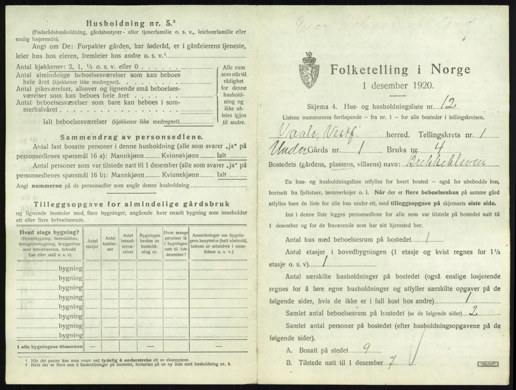 SAKO, 1920 census for Våle, 1920, p. 69