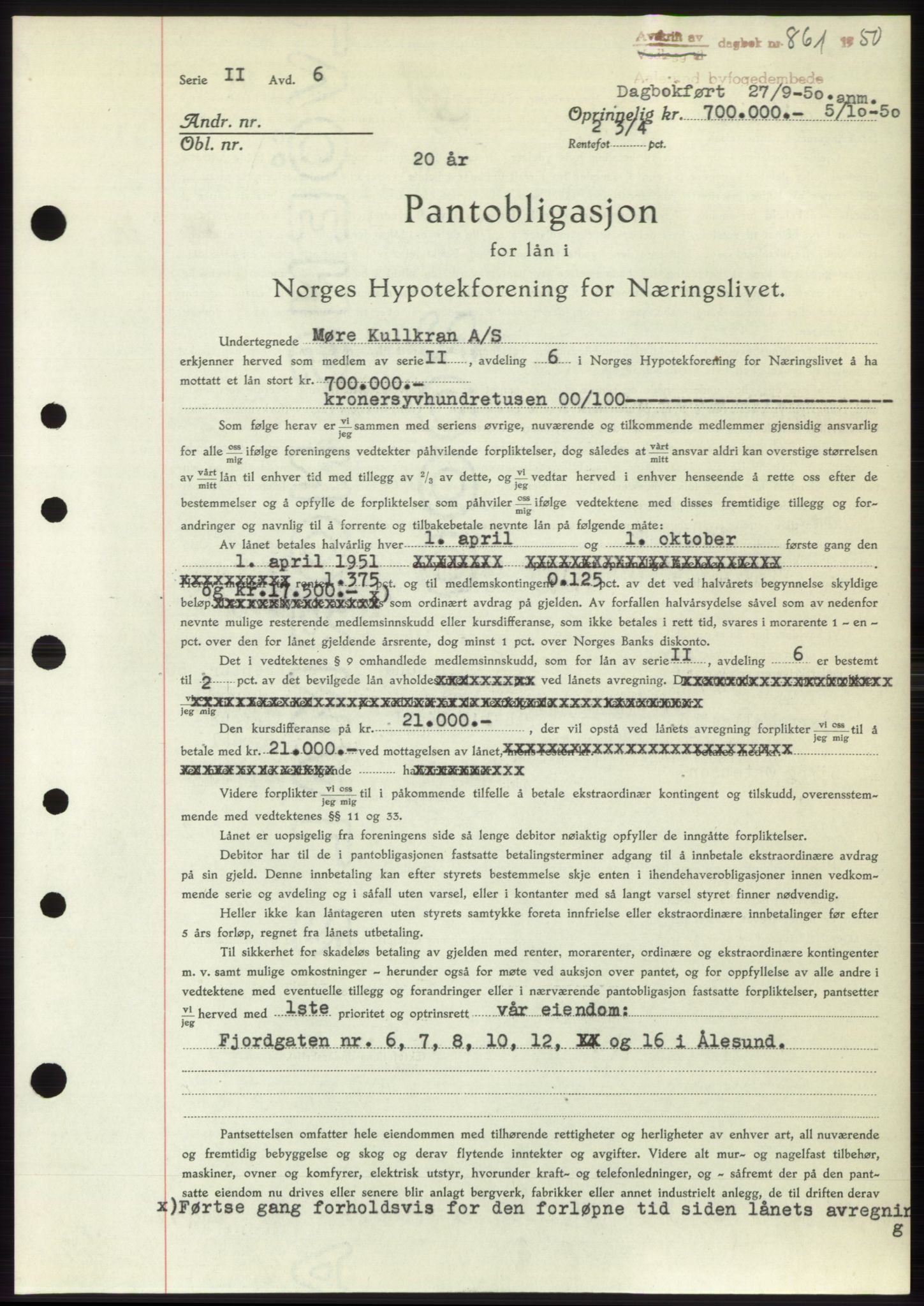 Ålesund byfogd, AV/SAT-A-4384: Mortgage book no. B36-38, 1948-1950, Diary no: : 861/1950