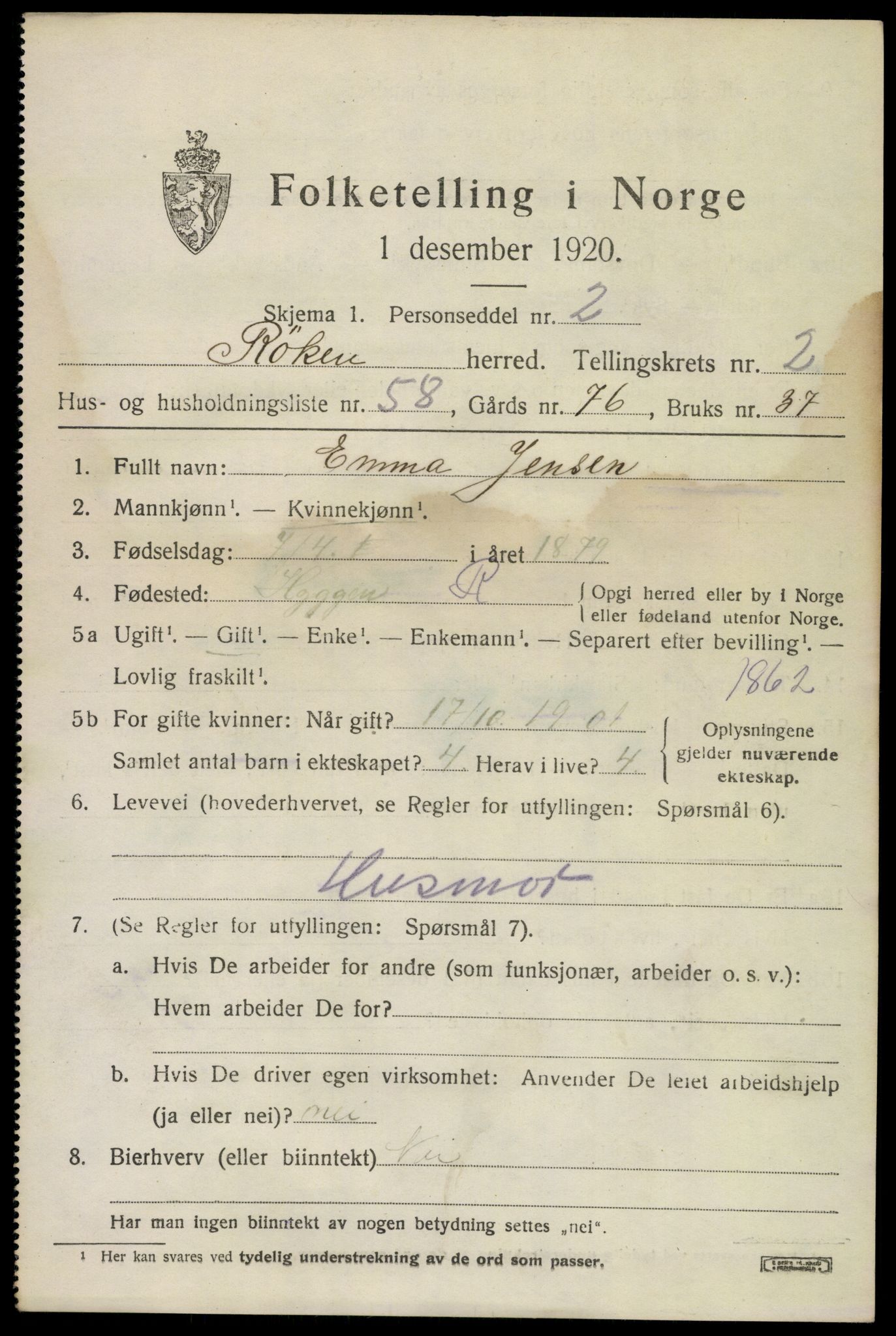 SAKO, 1920 census for Røyken, 1920, p. 3628