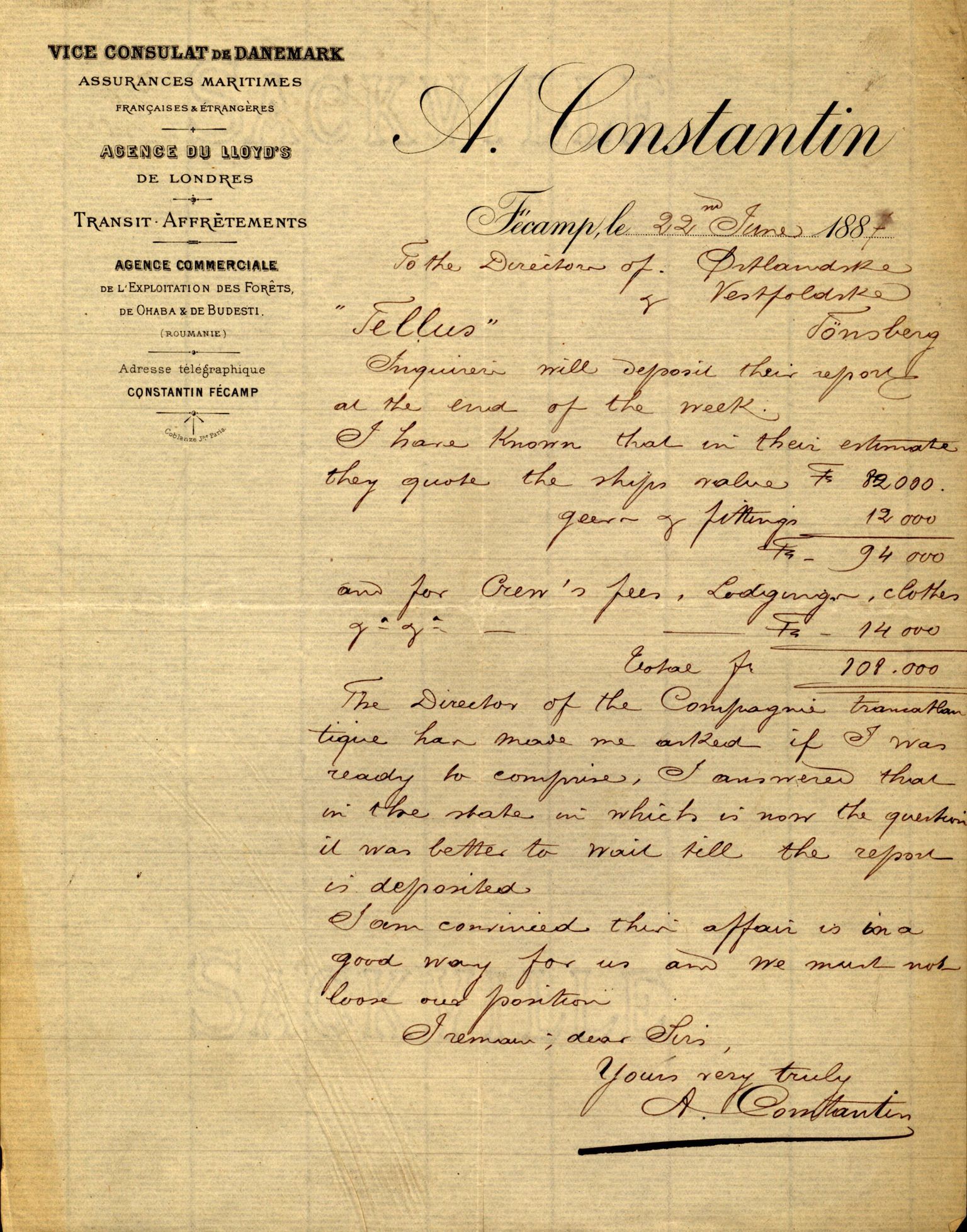 Pa 63 - Østlandske skibsassuranceforening, VEMU/A-1079/G/Ga/L0020/0001: Havaridokumenter / Tellus, Telanak, Wilhelmine, 1887, p. 92