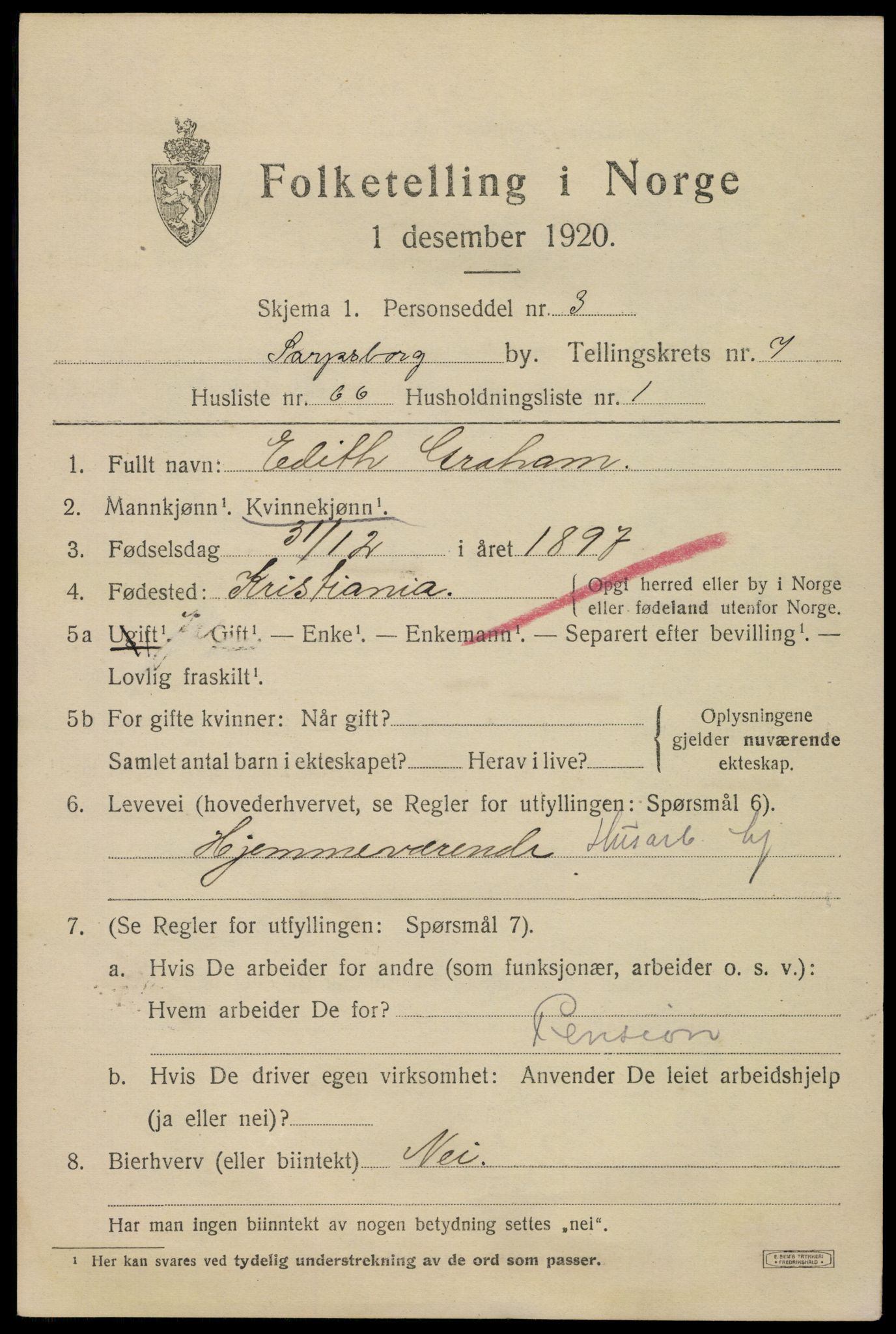 SAO, 1920 census for Sarpsborg, 1920, p. 17288