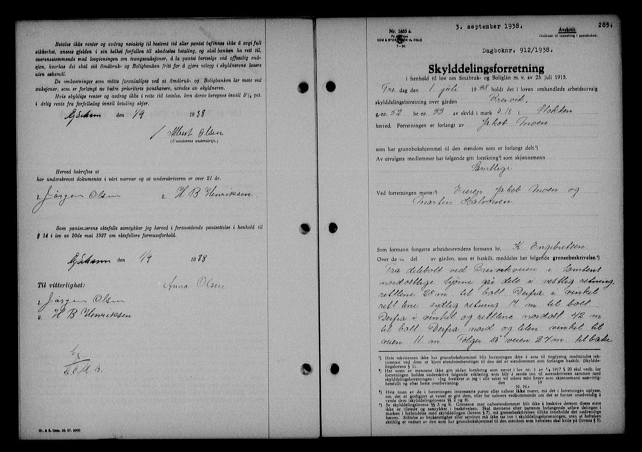 Nedenes sorenskriveri, SAK/1221-0006/G/Gb/Gba/L0045: Mortgage book no. 41, 1938-1938, Diary no: : 912/1938