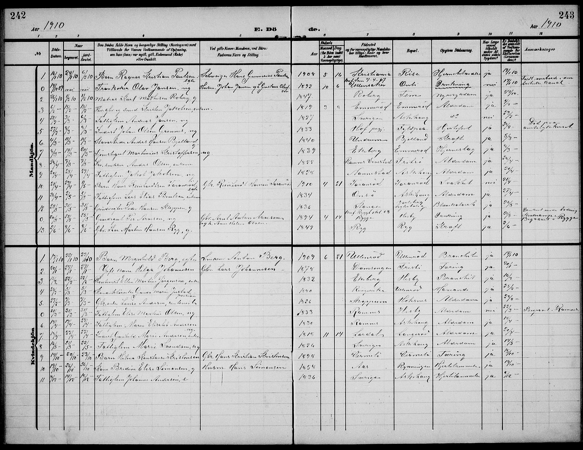 Sem kirkebøker, AV/SAKO-A-5/F/Fa/L0012: Parish register (official) no. I 12, 1905-1915, p. 242-243