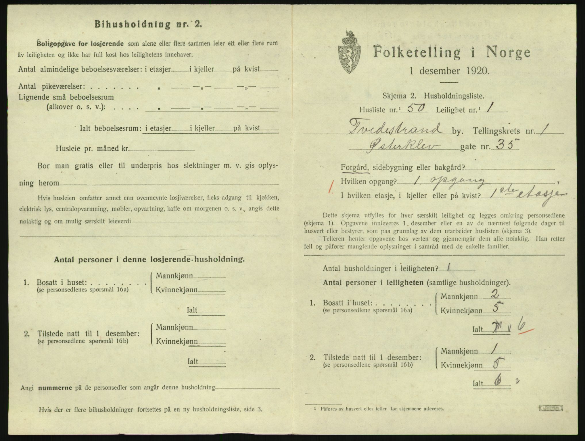 SAK, 1920 census for Tvedestrand, 1920, p. 737